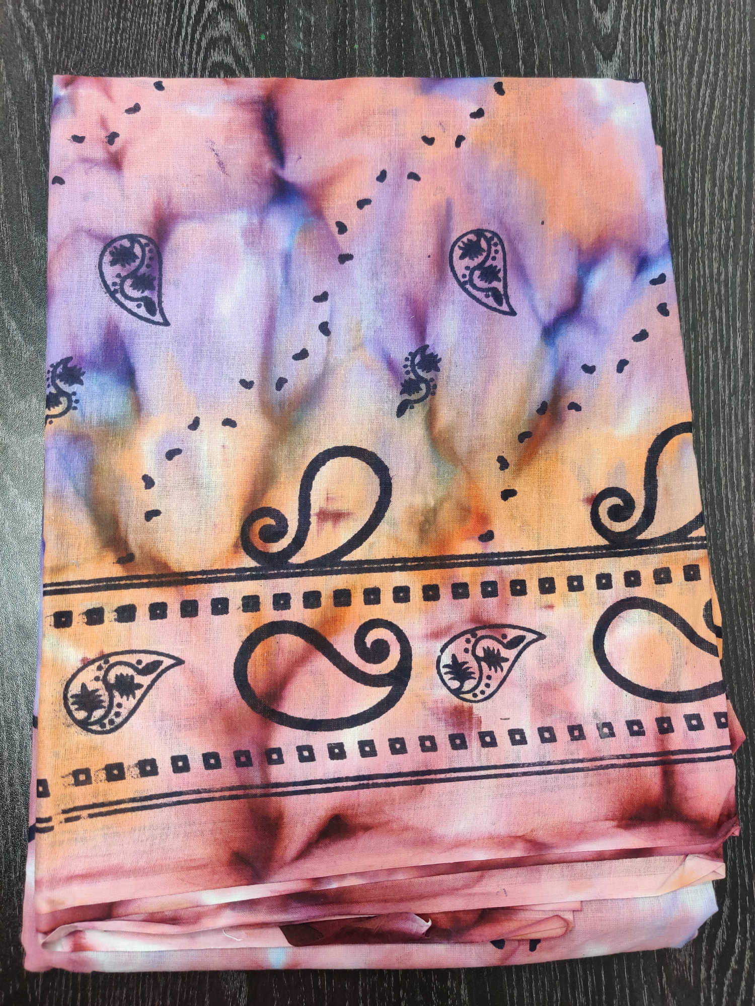 Pure Cotton Multicolour Saree with Black Paisley & Geometric Border