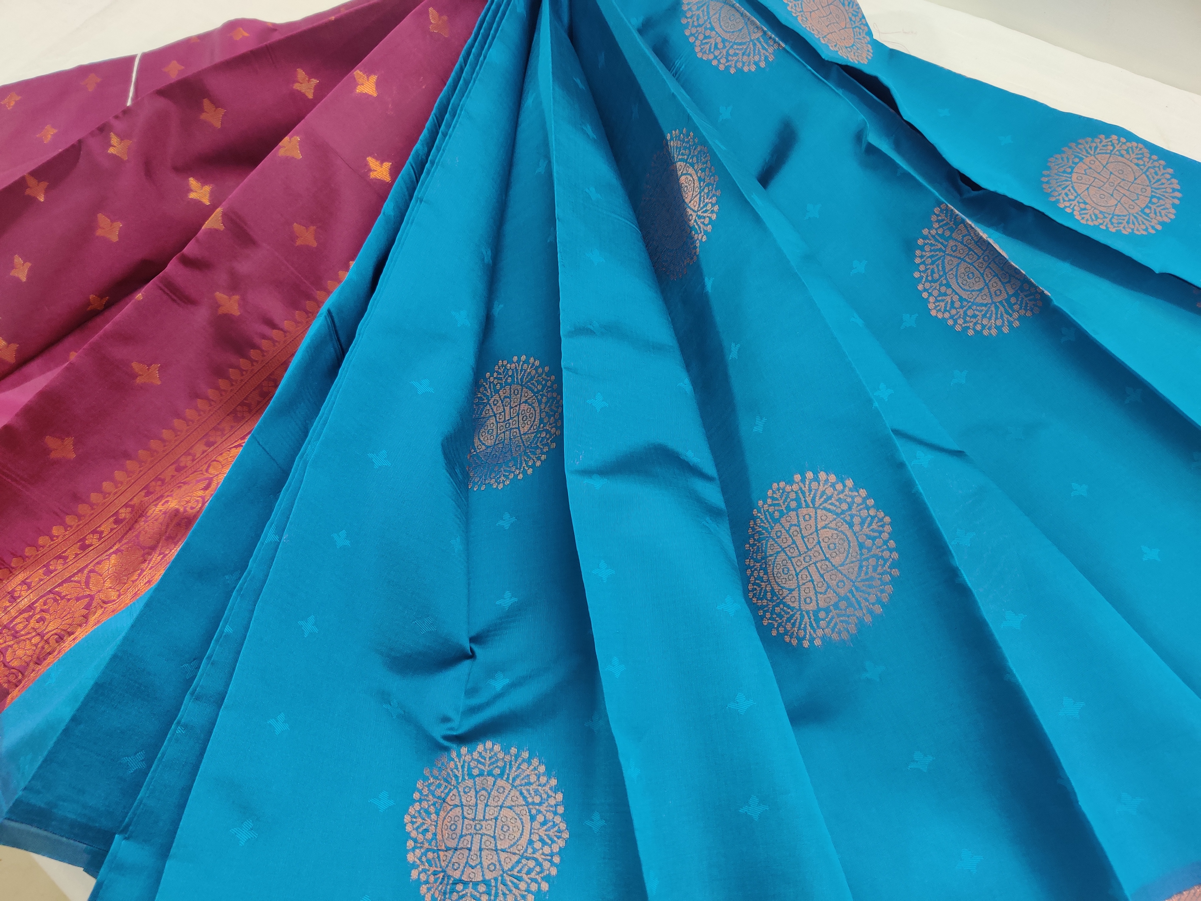 Turquoise Blue Semi Soft Silk Saree with Wine Zari Pallu