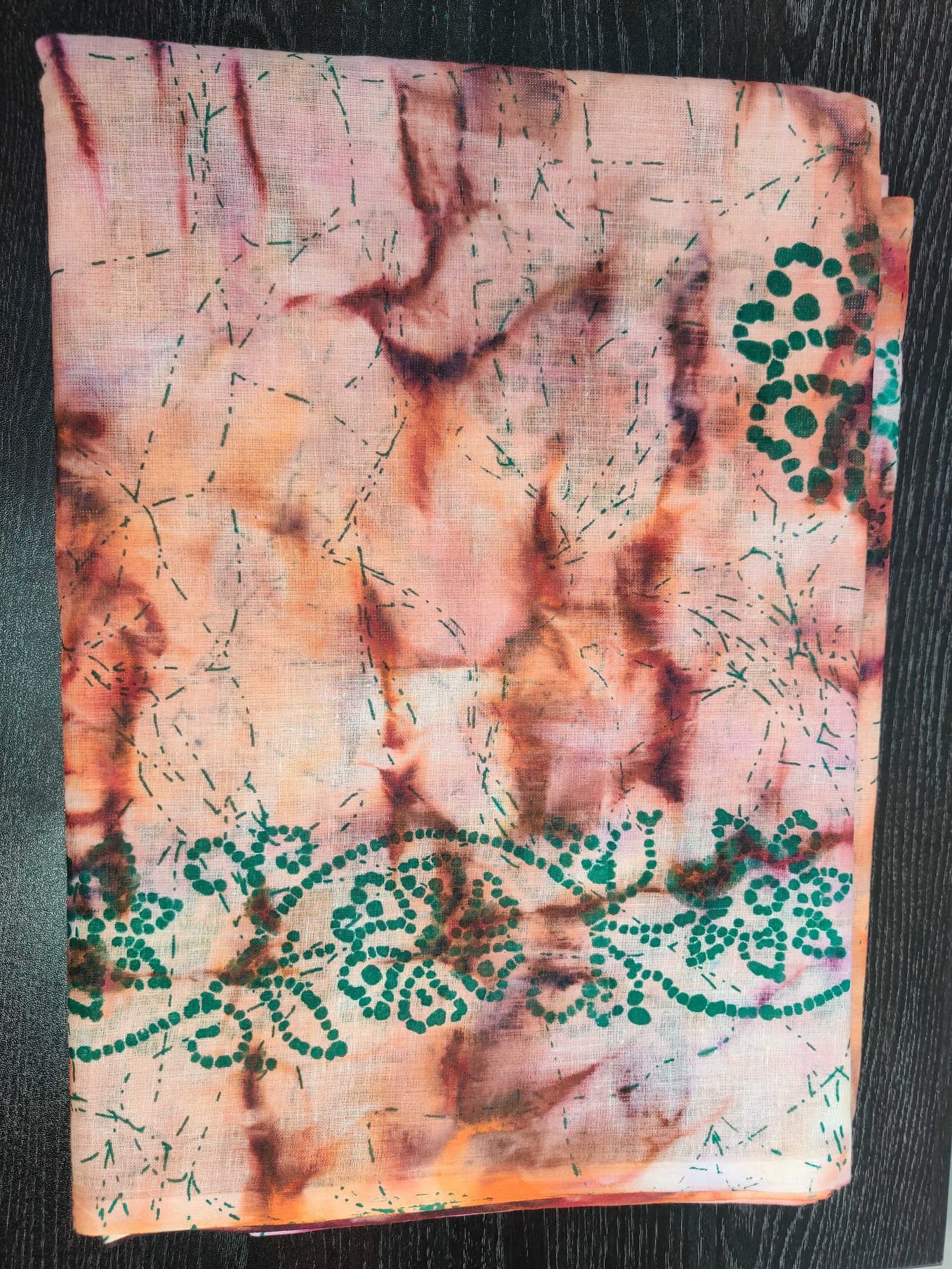 Pure Cotton Peach–Orange Tie-Dye Saree with Green Floral Dotted Border Design