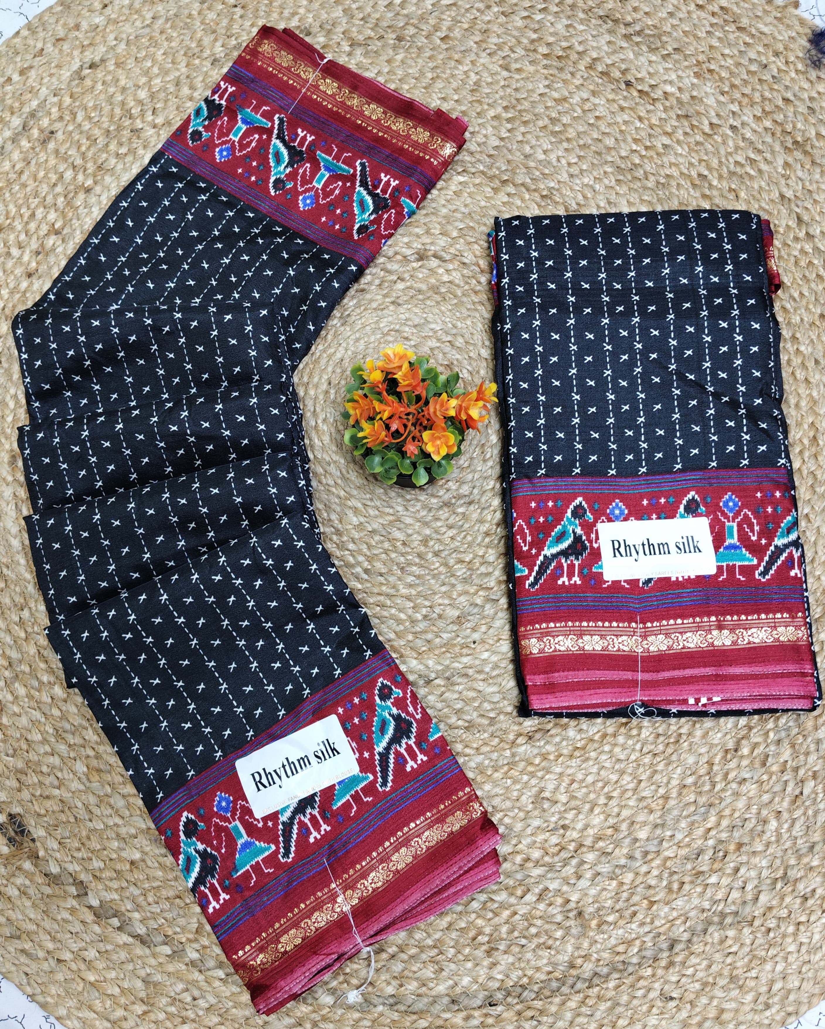 Rhythm Silk Daily Wear Saree – Soft Printed Body with Traditional Ikkat-Style Border | Lightweight Everyday Saree with Blouse