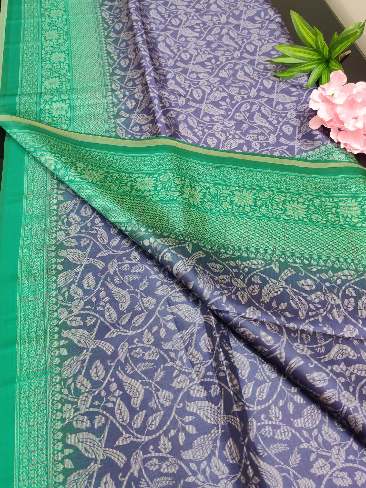 Purple Bird-Motif Semi Tassur Silk Saree with Rich Green Woven Border & Matching Blouse