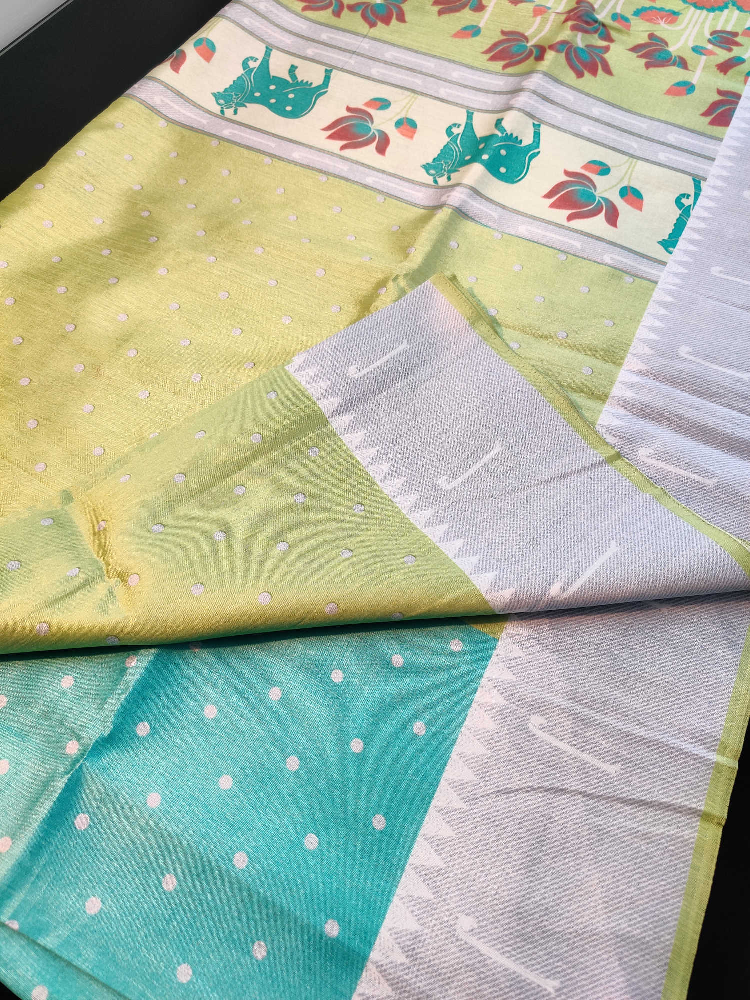 Daily Wear Fancy Saree – Light Green & Aqua Body with Traditional Cow & Floral Printed Pallu