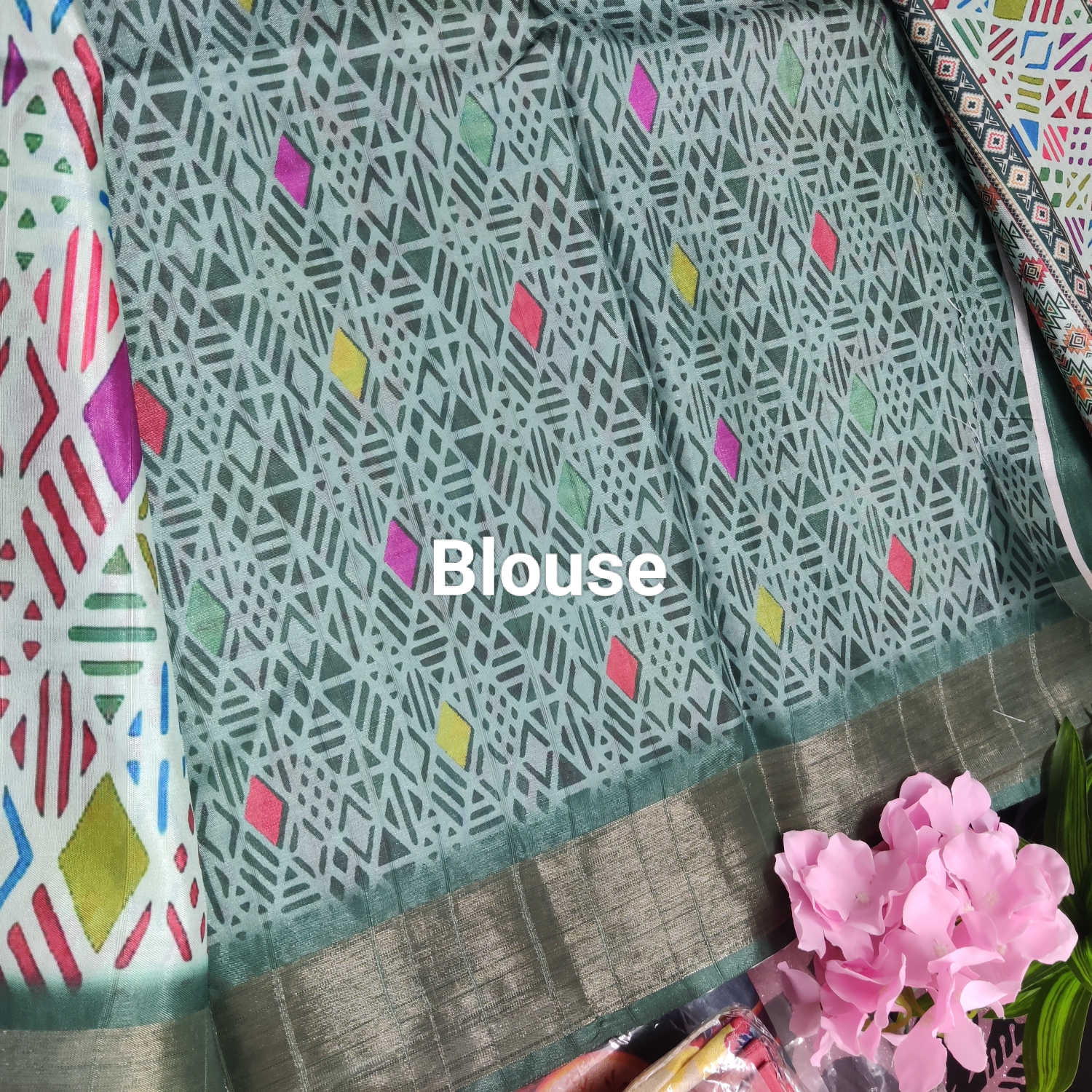 Premium Kundali Print Semi Silk Saree – Multicolor Geometric Design