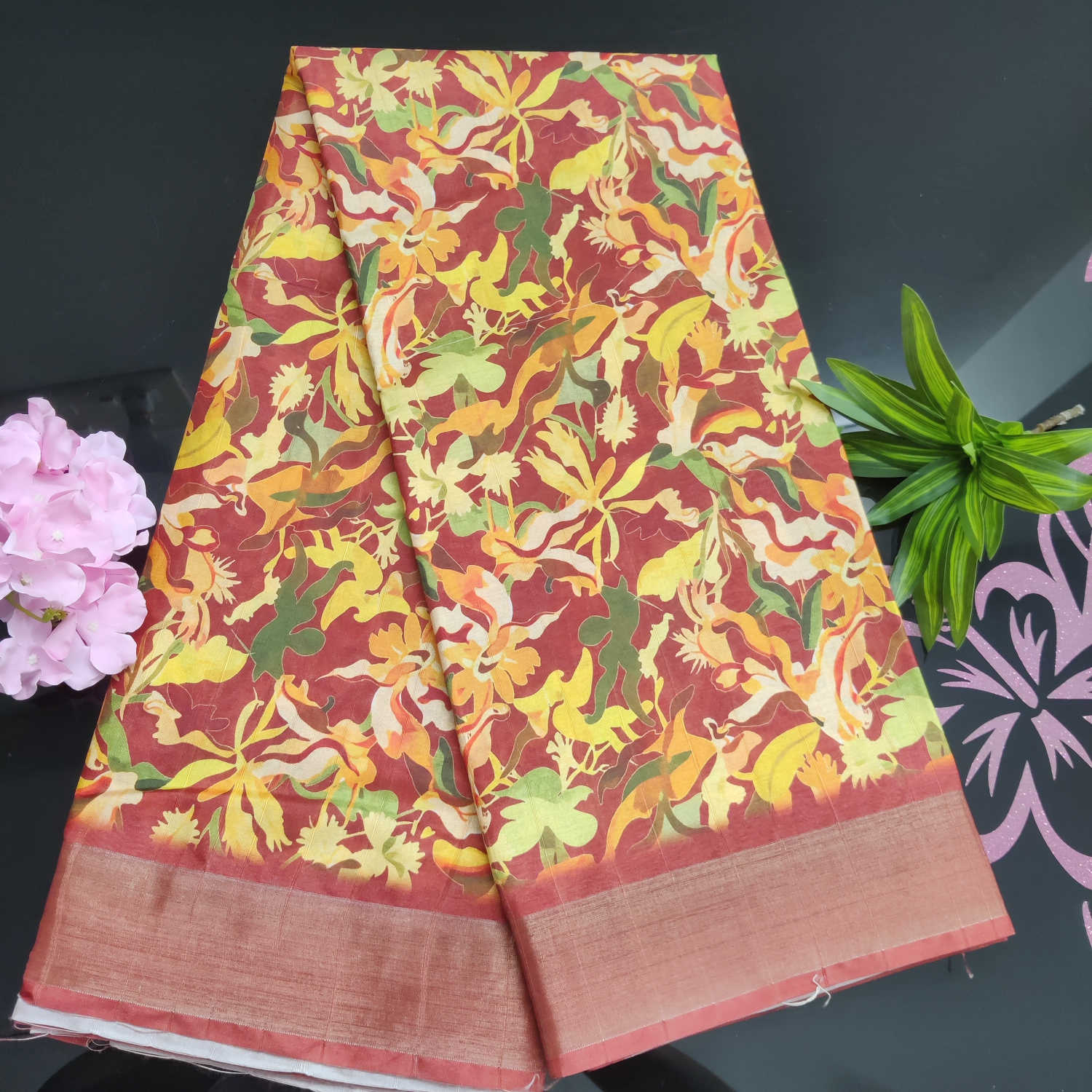 Kundali Dola Silk Saree – Warm Maroon with Tropical Leaf Print