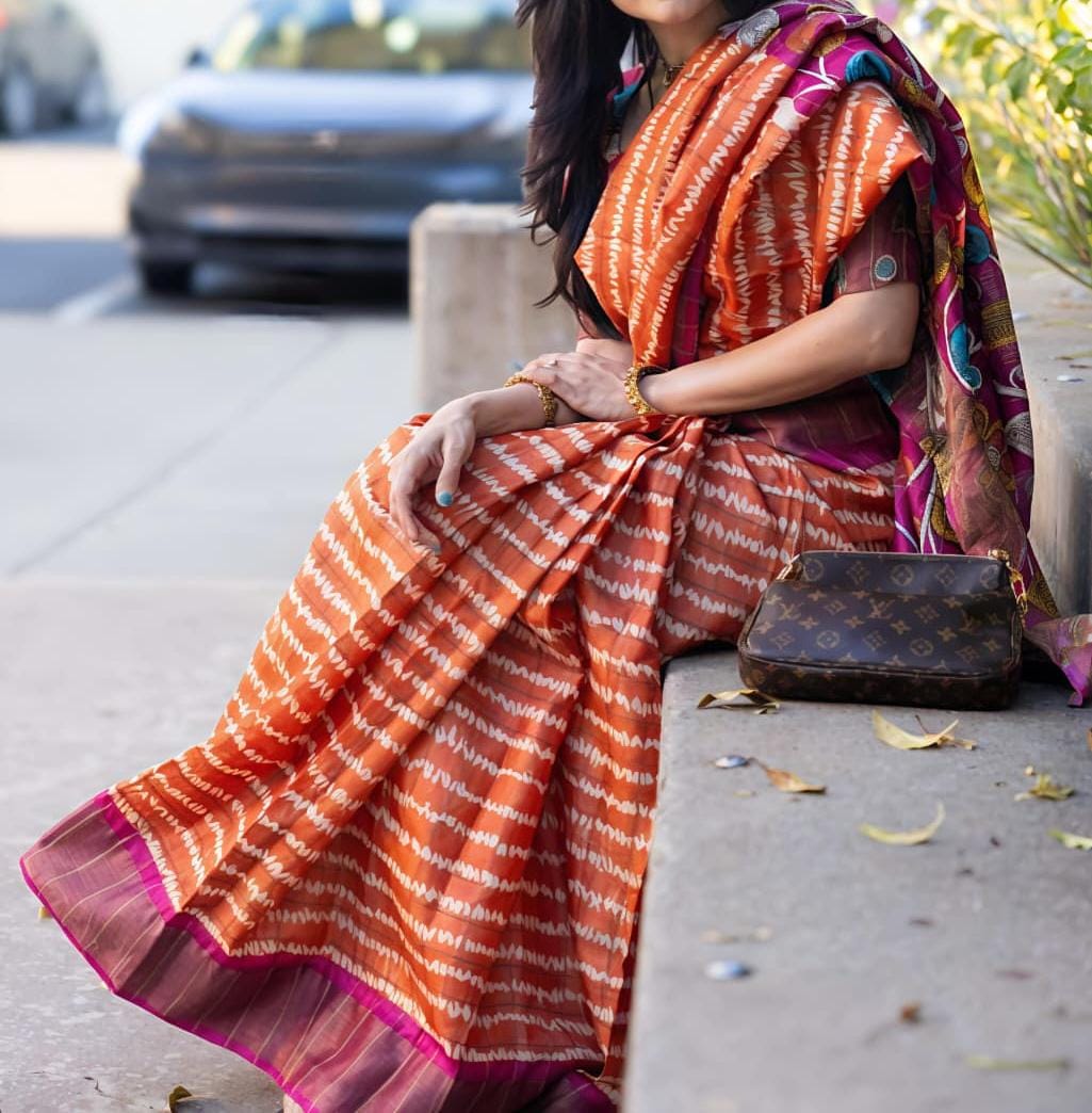 Premium Dola Silk Saree – Vibrant Floral Print Pallu & Contrast Ikat-Style Body