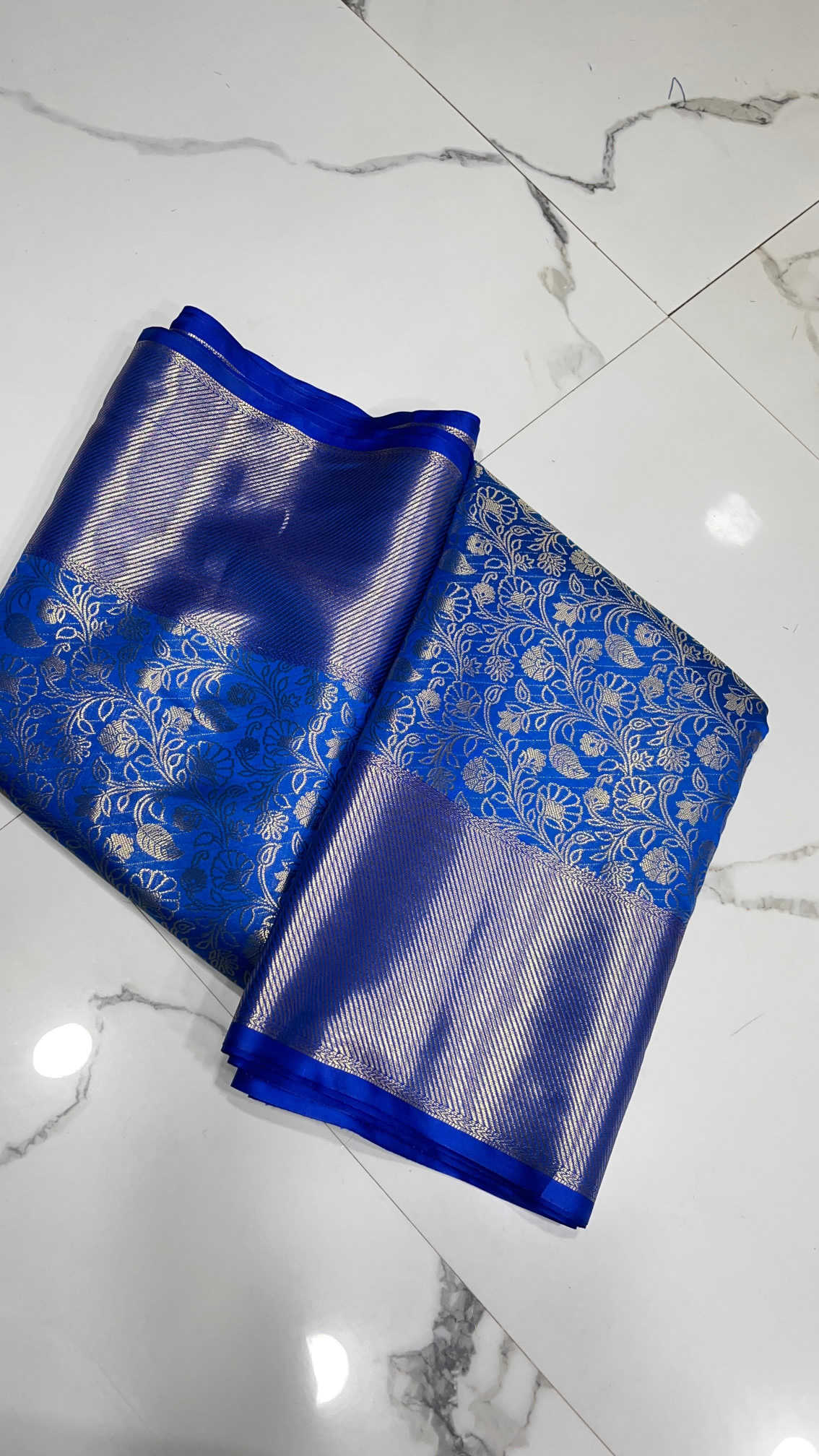 Banarasi Semi Kataan Saree – Royal Blue Embroidery Weave with Silver Zari Highlights