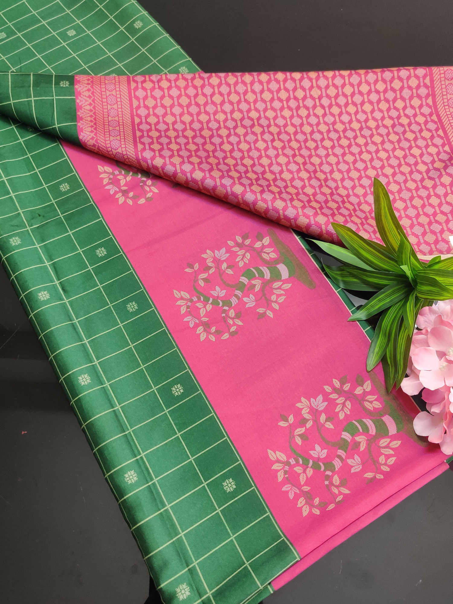 Pink & Green Semi Tassur Silk Saree with Floral Motif Border & Matching Checked Blouse