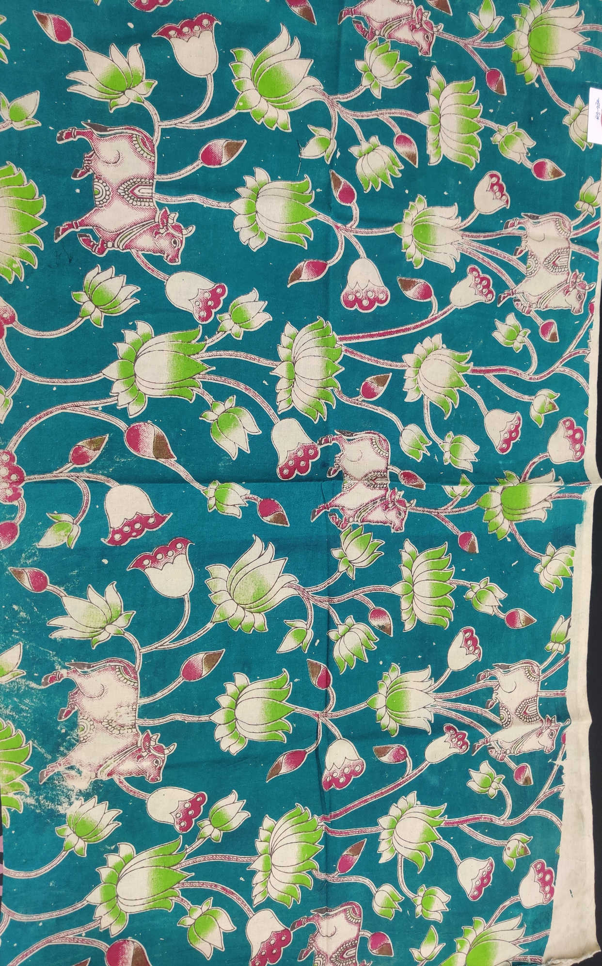 Kalamkari Blouse Fabric – Teal Green Base with Cow & Lotus Floral Motifs