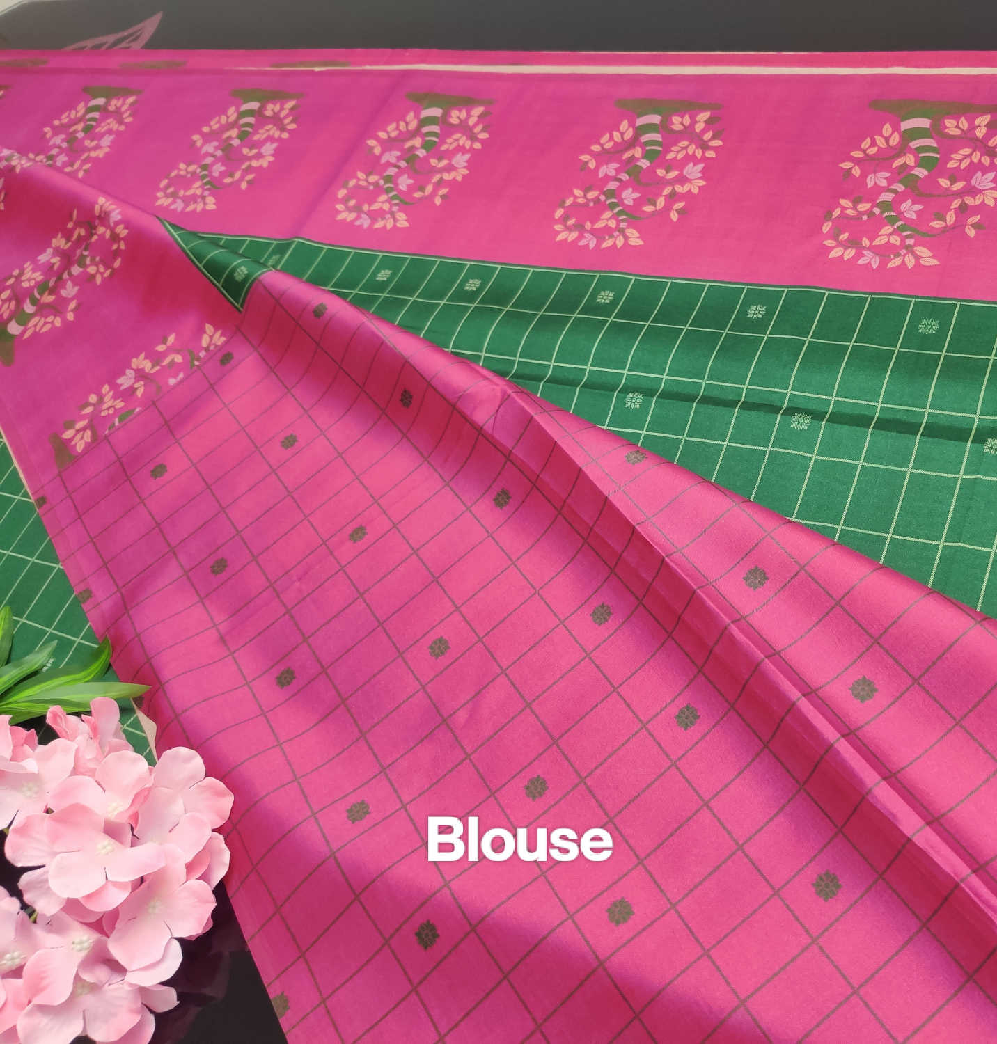 Pink & Green Semi Tassur Silk Saree with Floral Motif Border & Matching Checked Blouse
