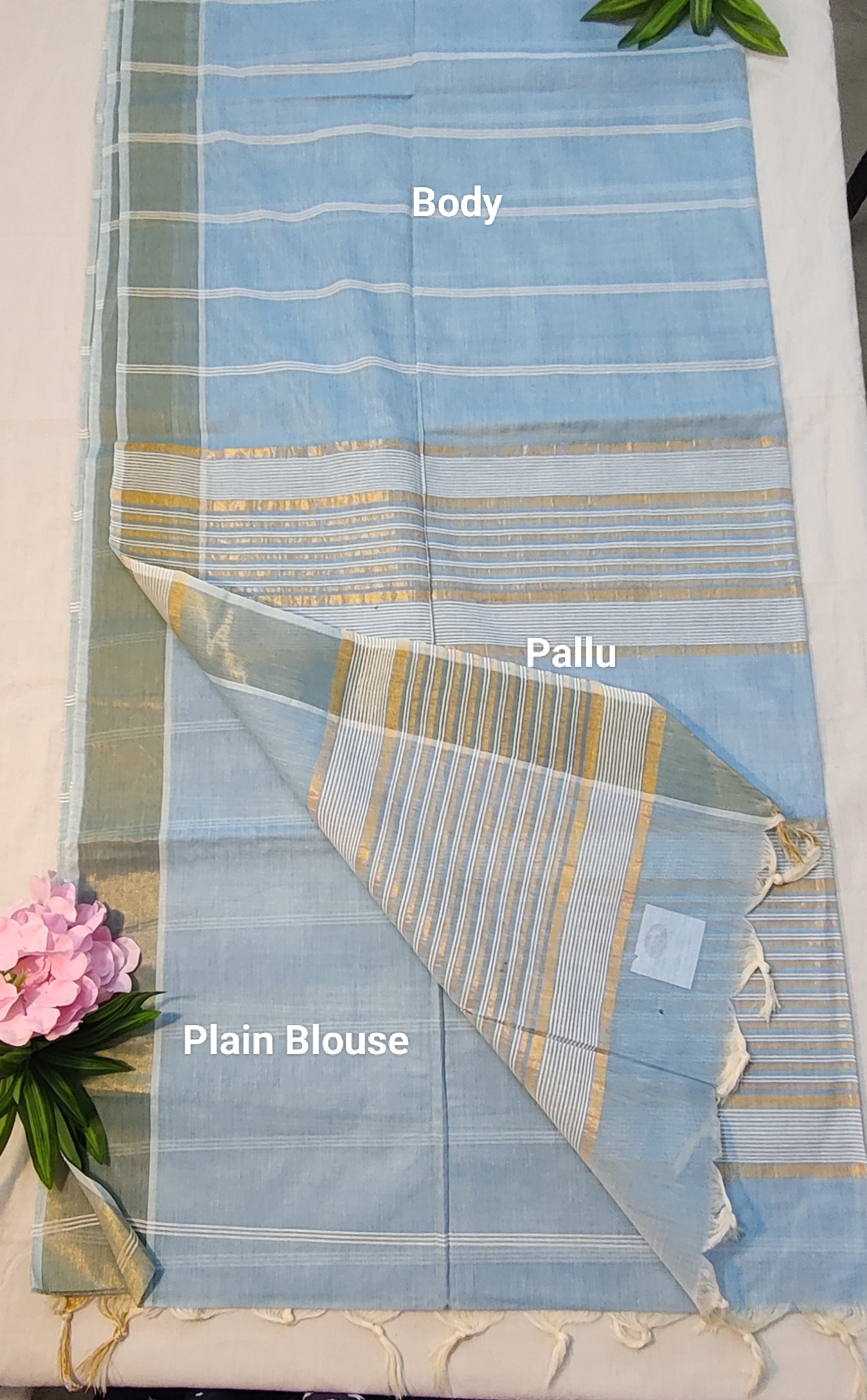 Sky Blue Jute Cotton Saree with Soft Self-Stripes & Gold Zari Accents