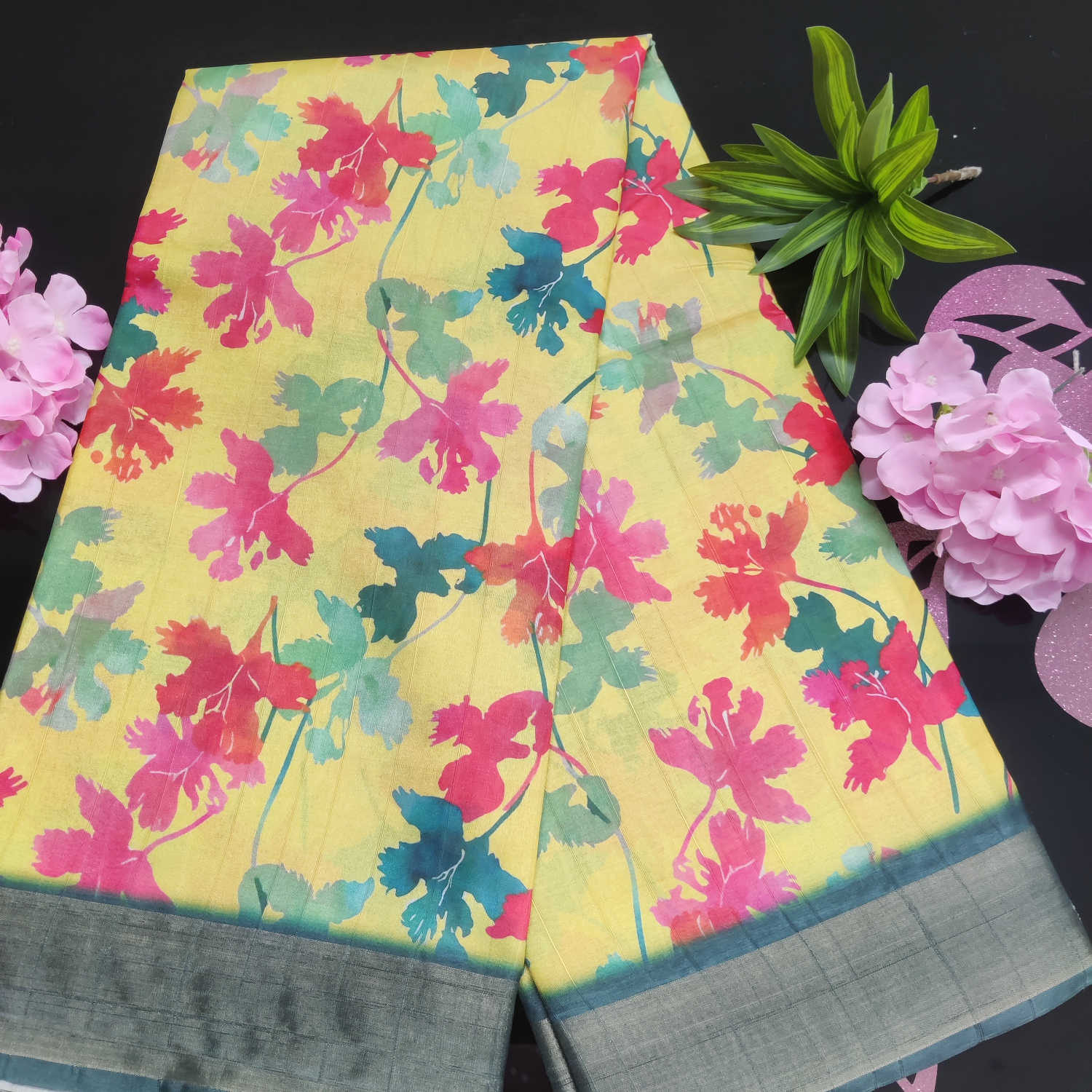 Kundali Dola / Tassur Silk Saree – Vibrant Floral Print with Elegant Contrast Border