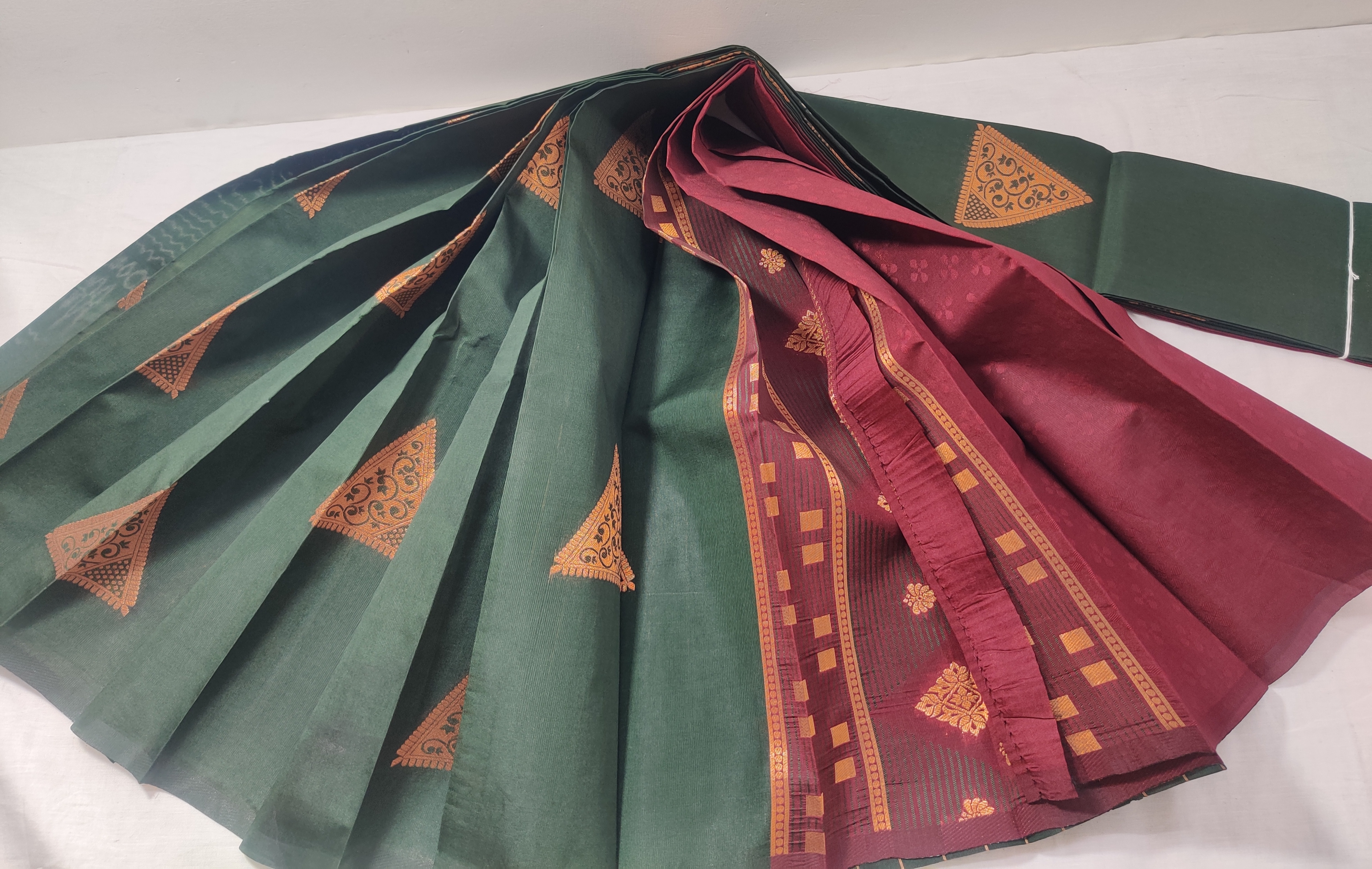 Bottle Green & Maroon Semi Soft Silk Saree with Copper Zari Detailing