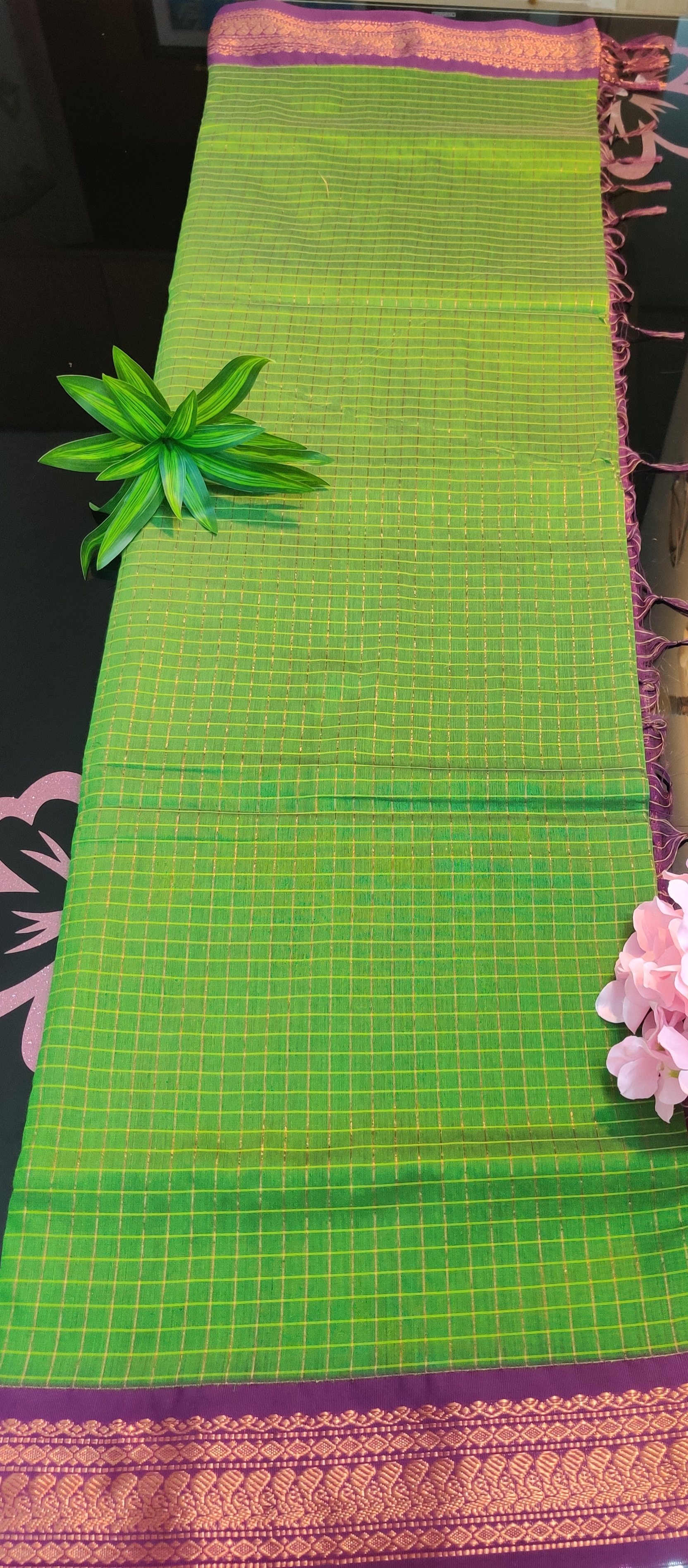 Gadwal Cotton Saree – Emerald Green Checks with Royal Purple Zari Border & Contrast Pallu