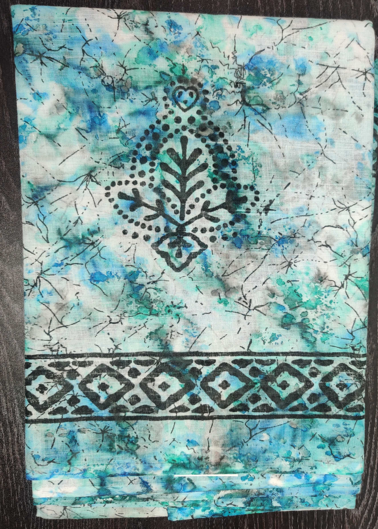 Pure Cotton Aqua Blue Tie-Dye Saree with Black Tribal Motif & Geometric Border