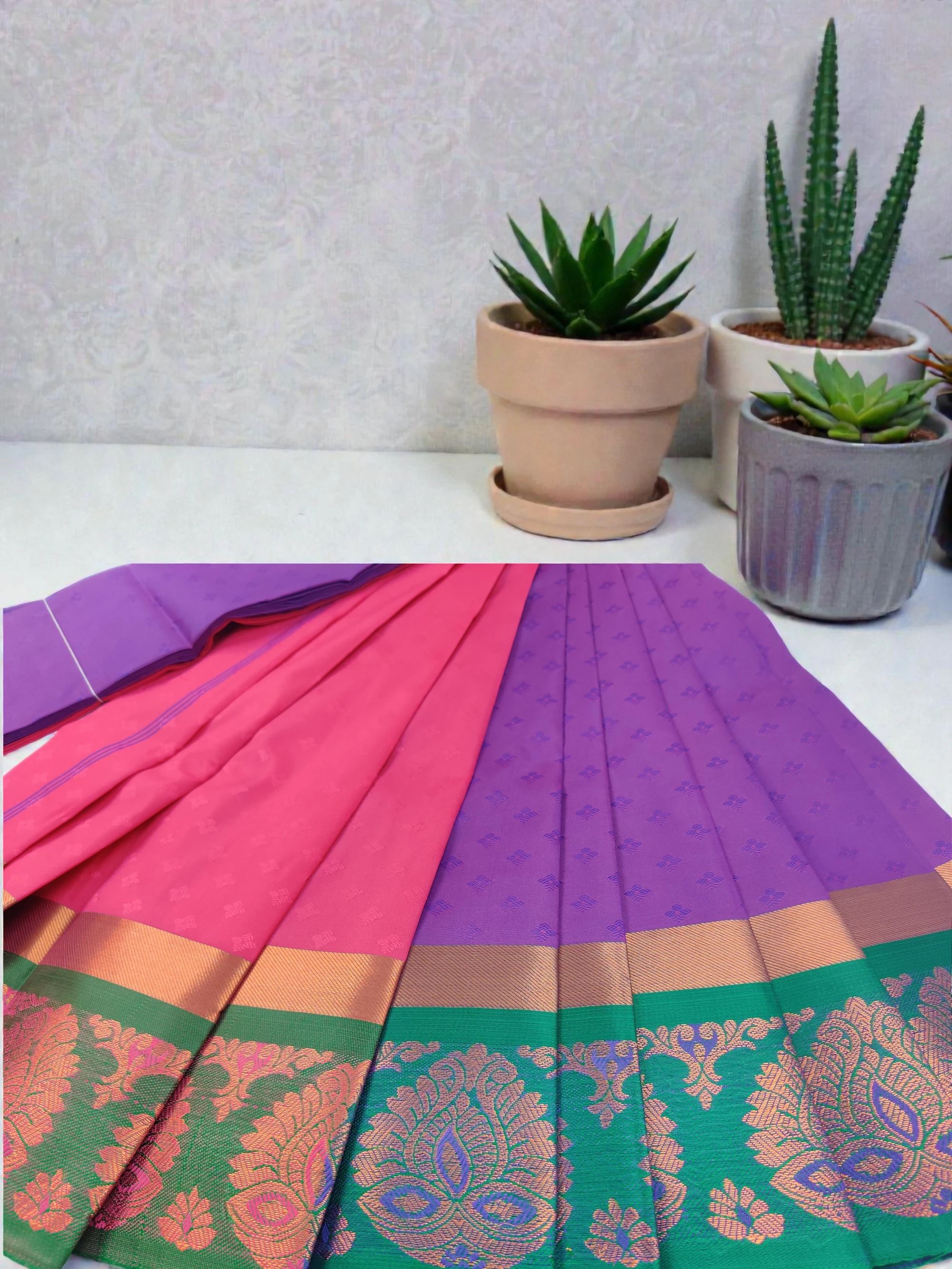 Purple & Pink Semi Soft Silk Saree with Green Zari Border