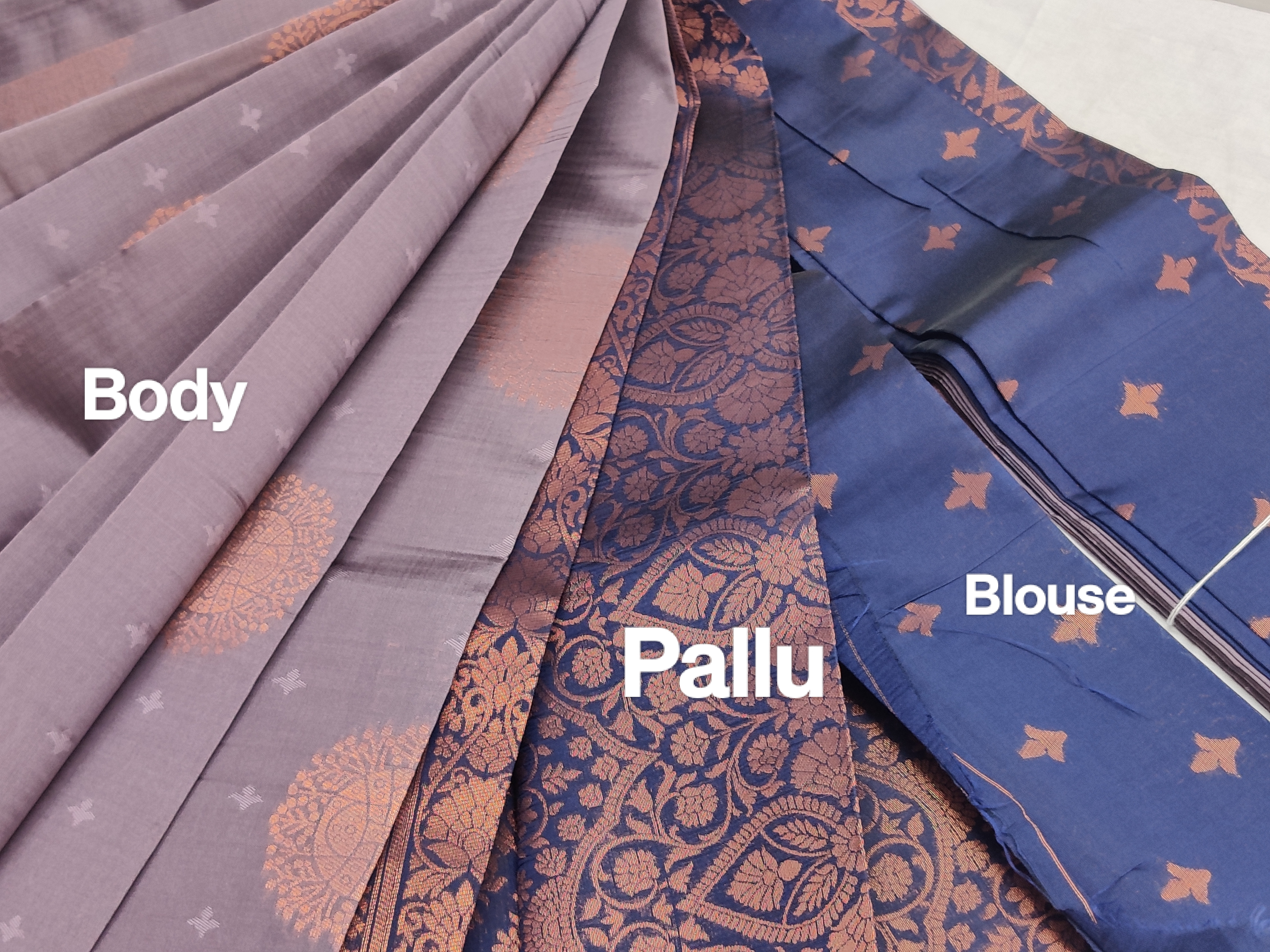 Semi Soft Silk Saree with Rich Copper Zari Motifs & Contrast Pallu – Elegant Purple & Navy Combination
