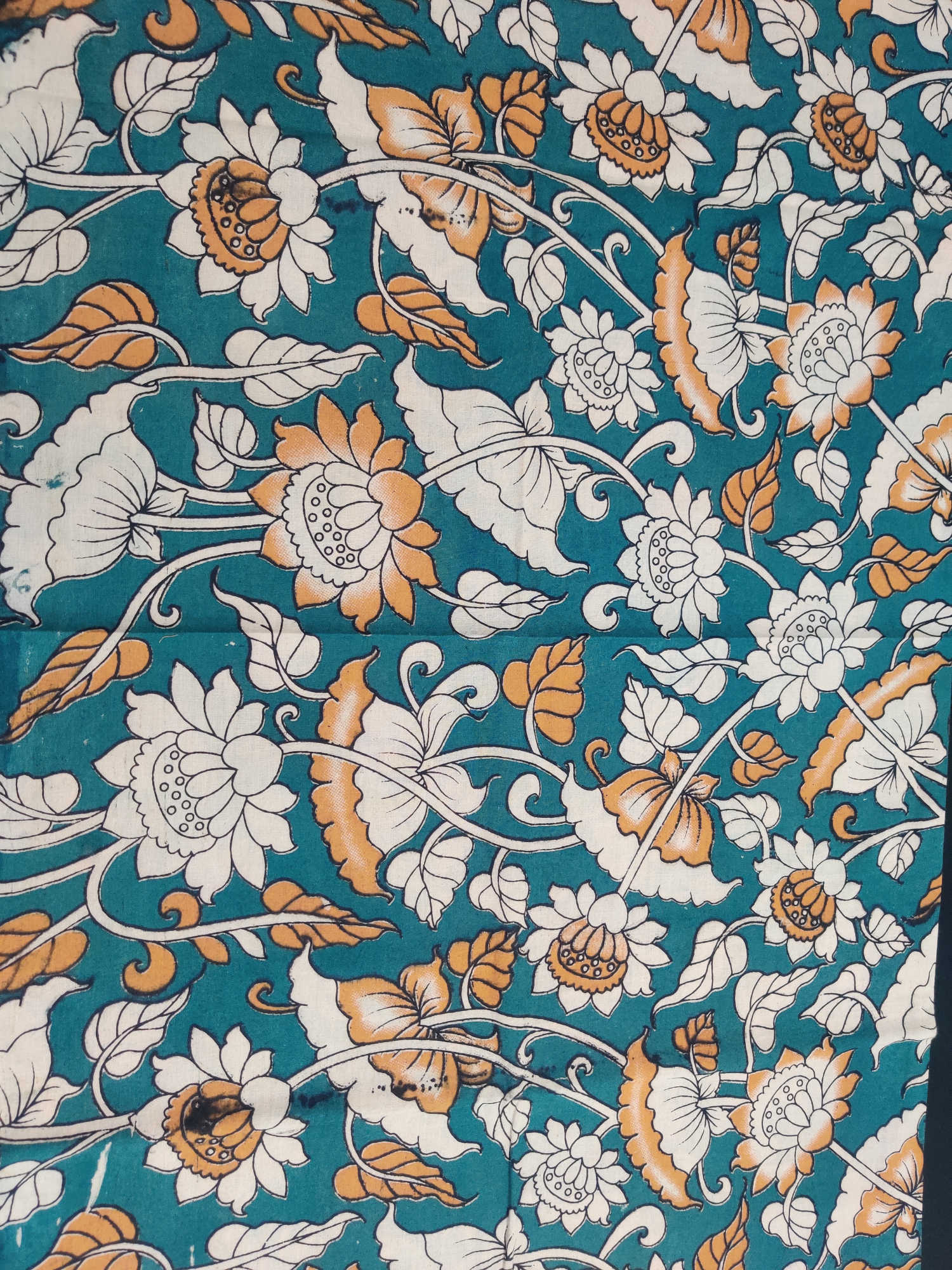 Kalamkari Blouse Fabric – Teal Green Base with White & Mustard Lotus Floral Print