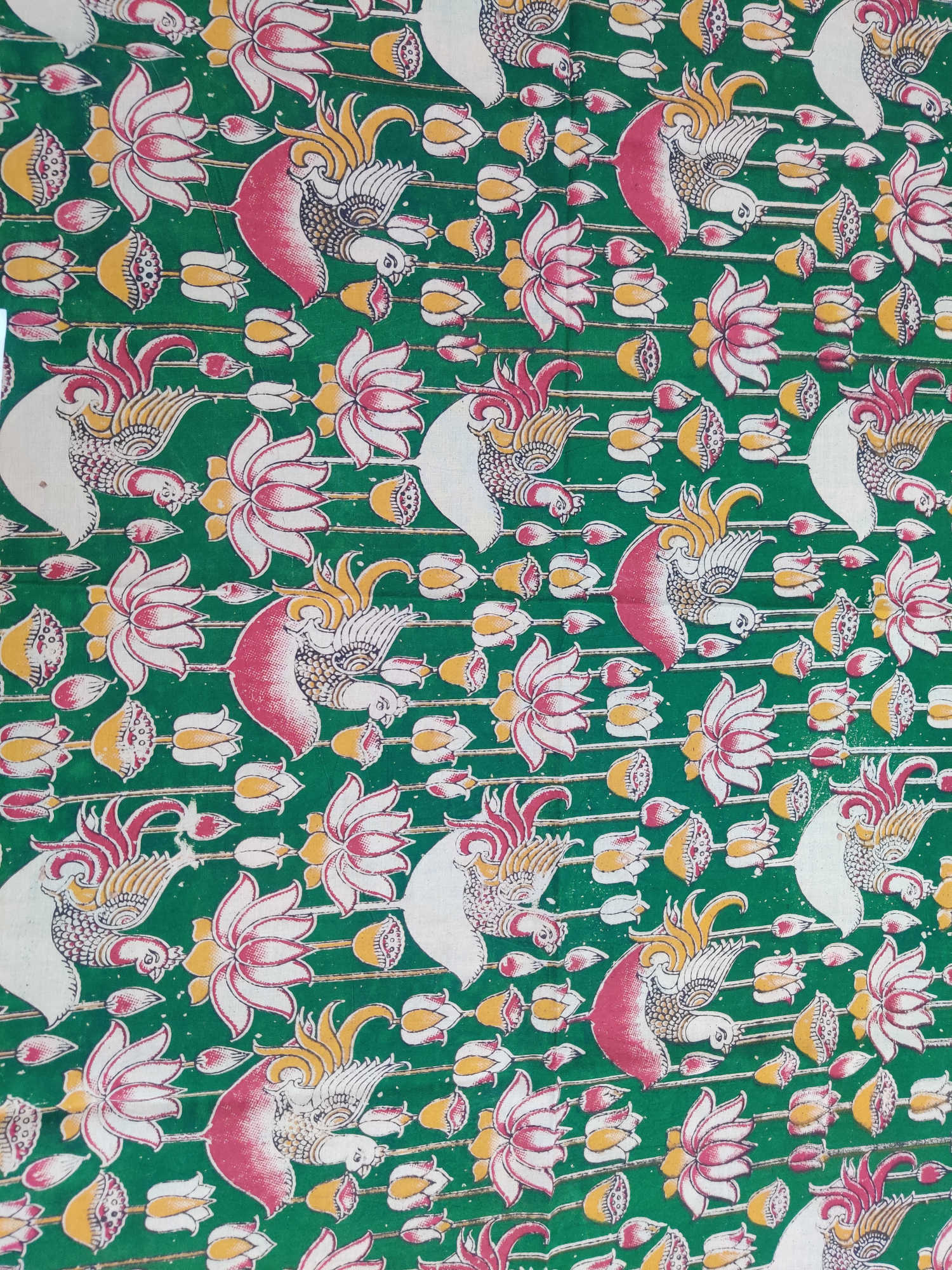Kalamkari Blouse Fabric – Green Base with Peacock & Lotus Floral Print