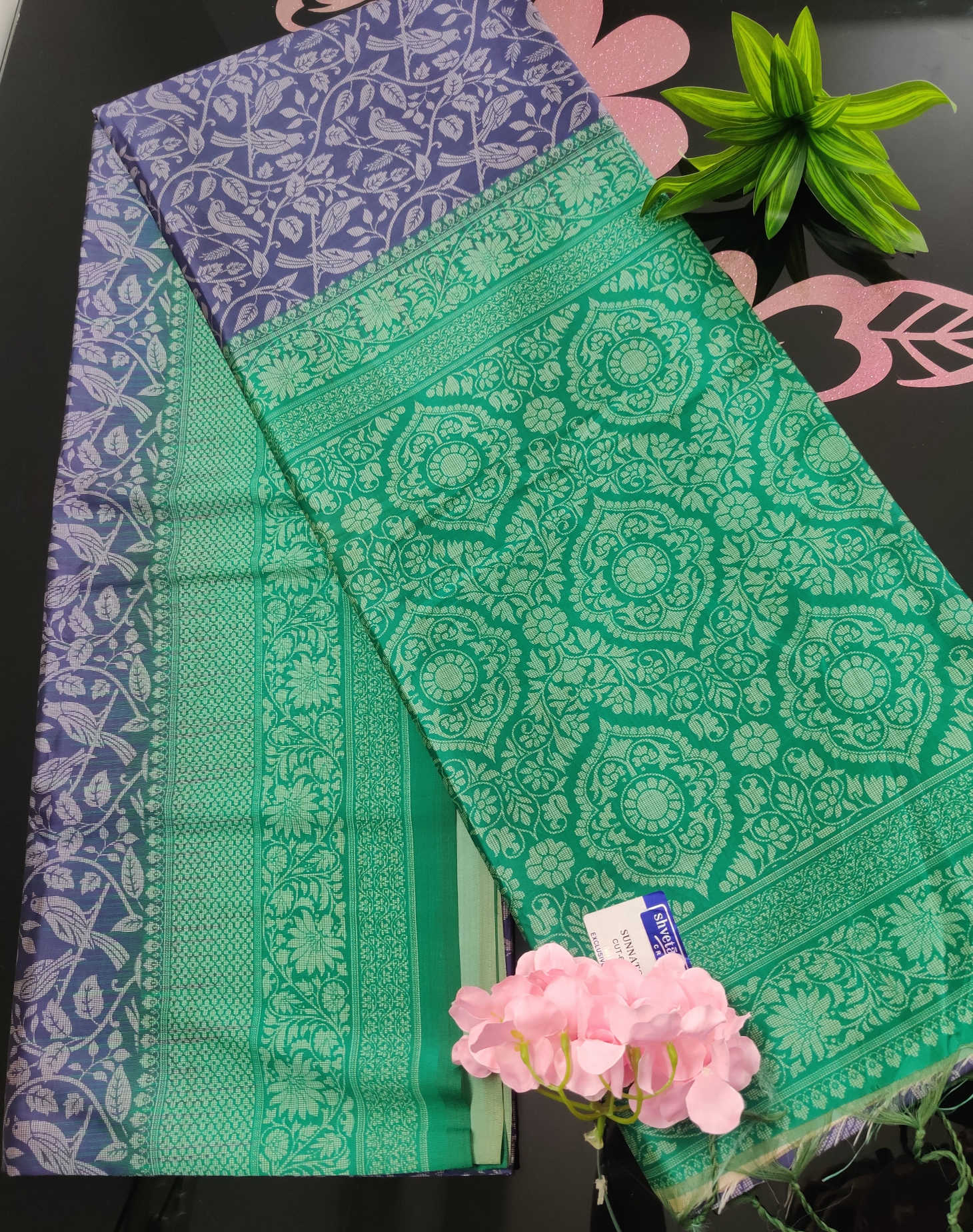Purple Bird-Motif Semi Tassur Silk Saree with Rich Green Woven Border & Matching Blouse