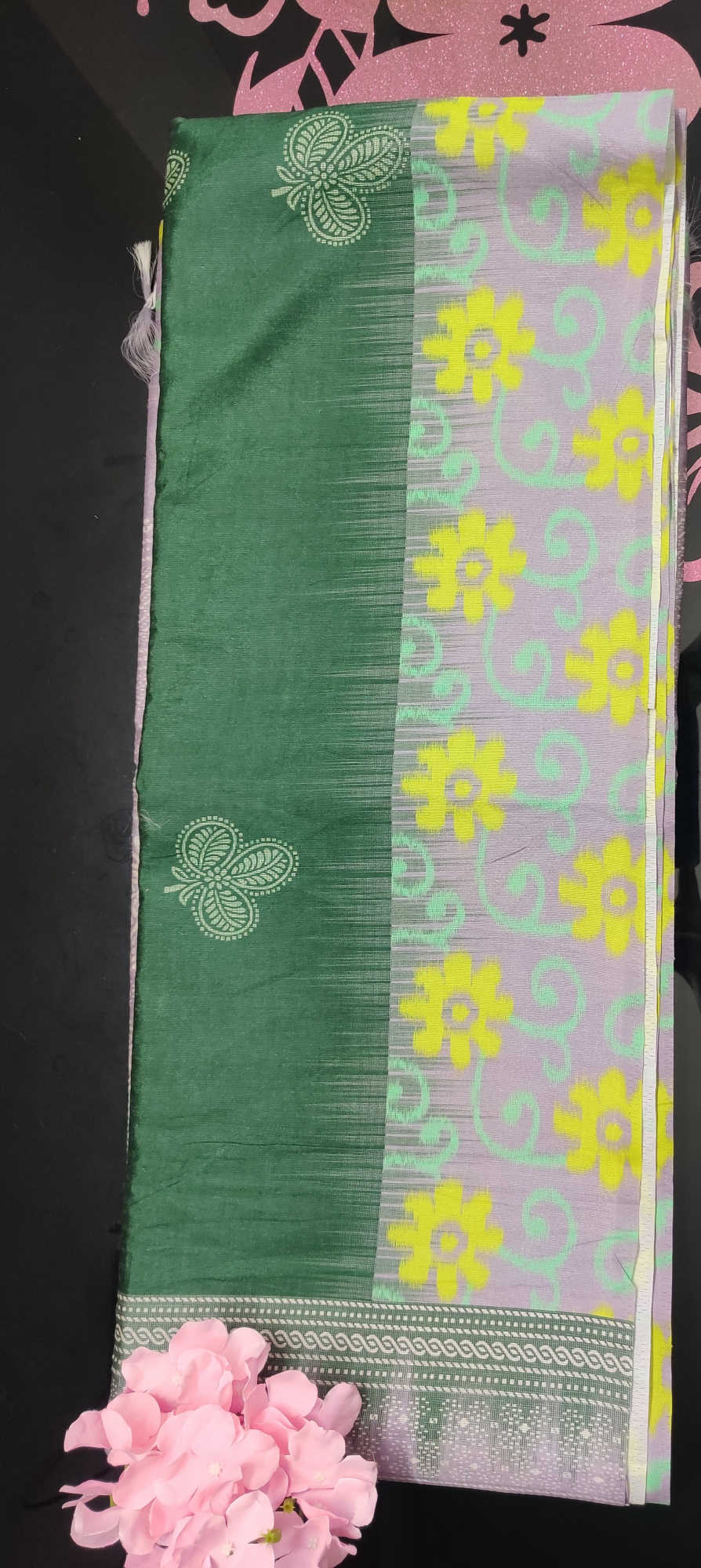 Daily Wear Fancy Saree – Teal Green Body with Brown Leaf Border & Subtle Bird Motifs