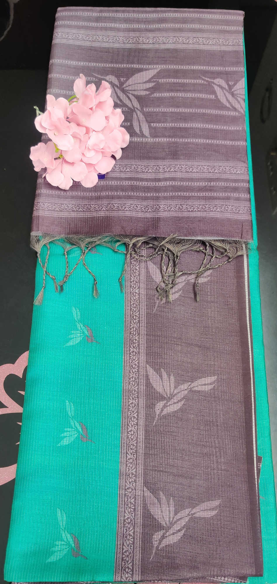 Bugara Premium Semi Tussar Silk Saree – Teal Green Body with Elegant Brown Leaf Border