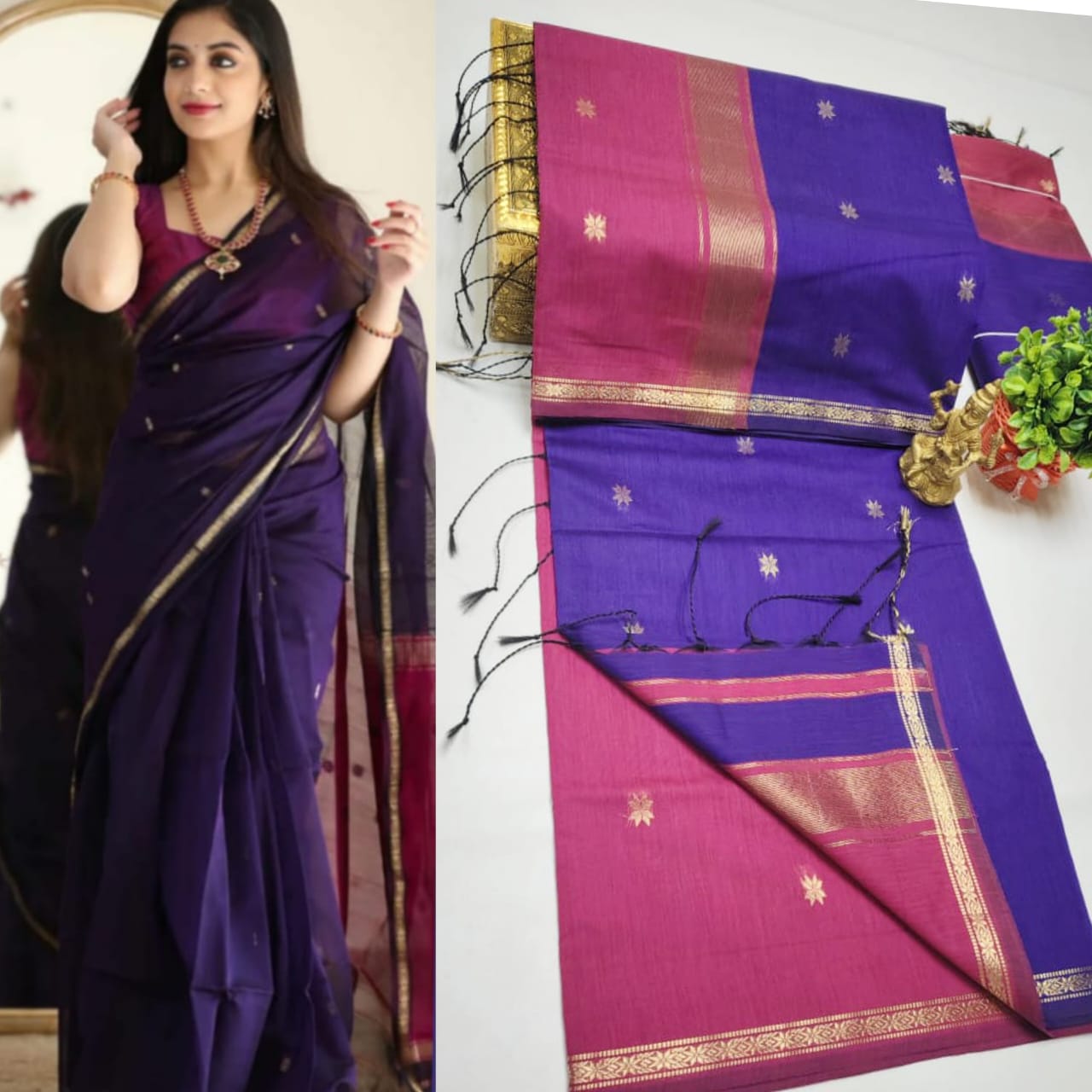Maheshwari Silk Cotton Saree – Dual Tone Body with Contrast Zari Border & Rich Pallu