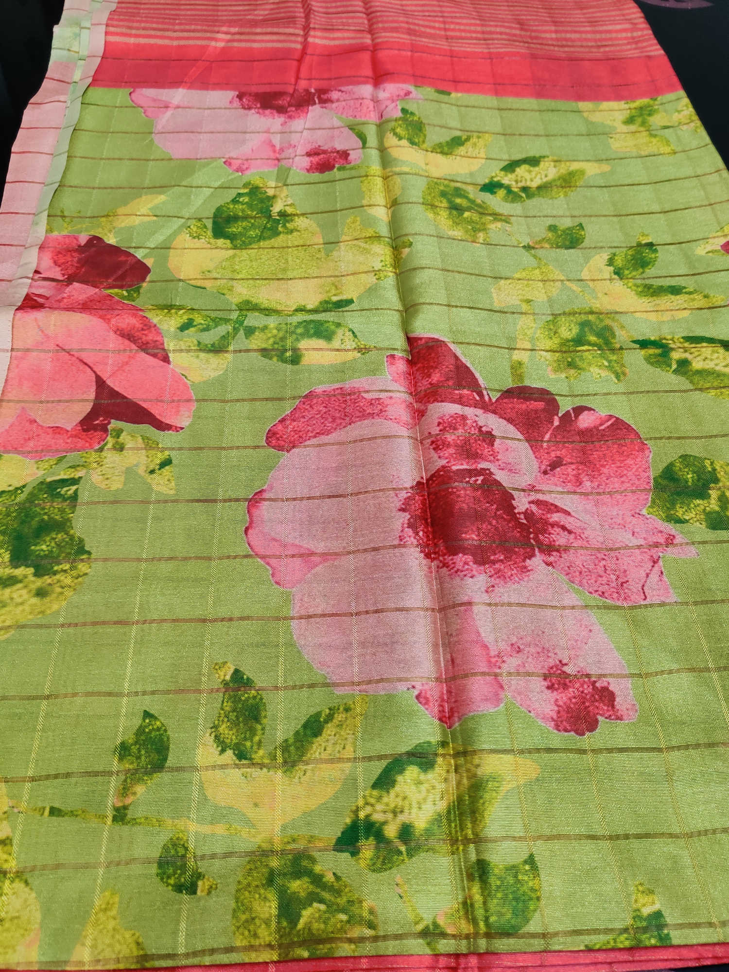 Daily Wear Fancy Saree – Olive Green Floral Printed Body with Coral Pink Striped Pallu