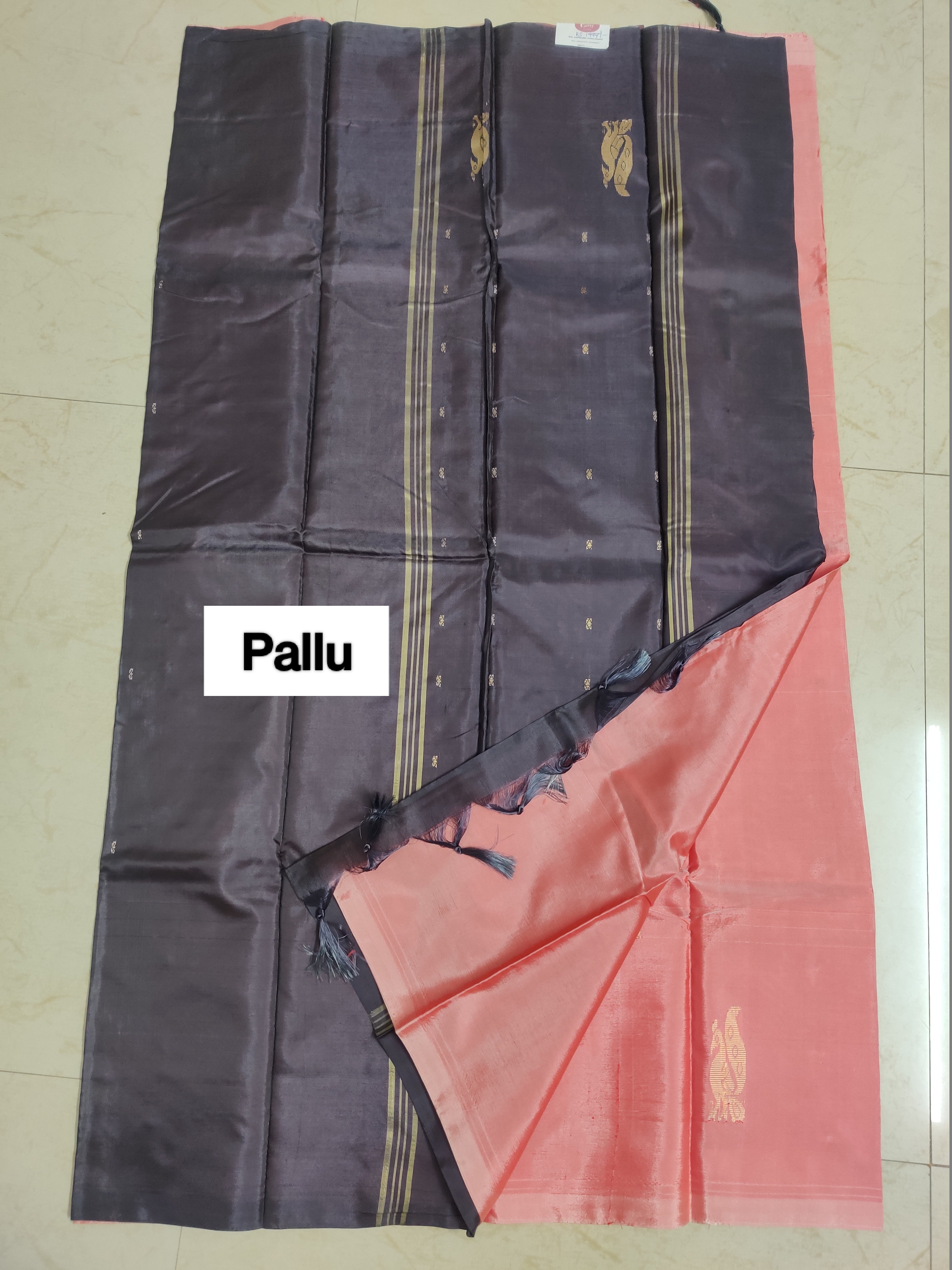 Banana Pith Saree (Vazhainar Saree) – Charcoal Grey Body with Yellow Temple Motif