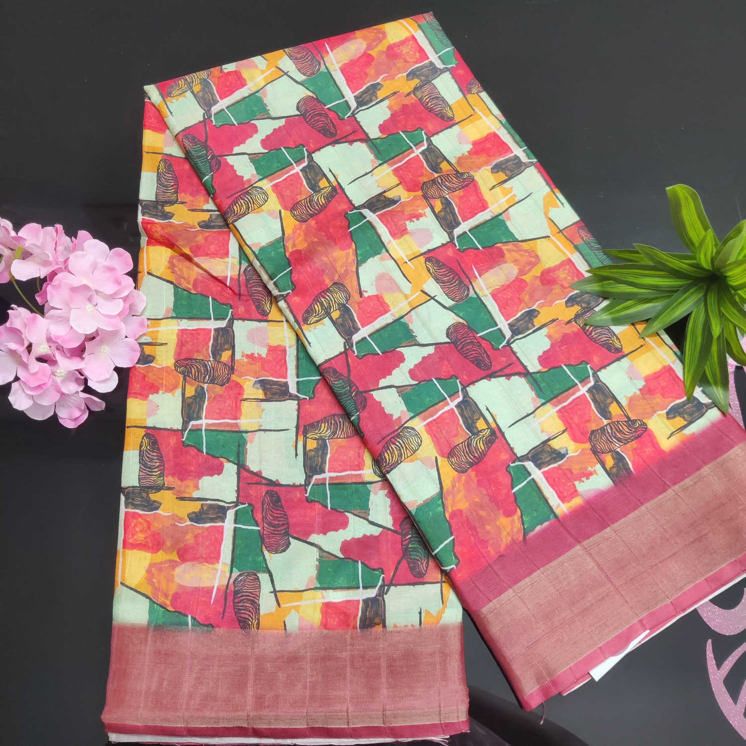 Kundali Dola / Tassar Silk Saree – Multicolor Artistic Print with Contrast Border