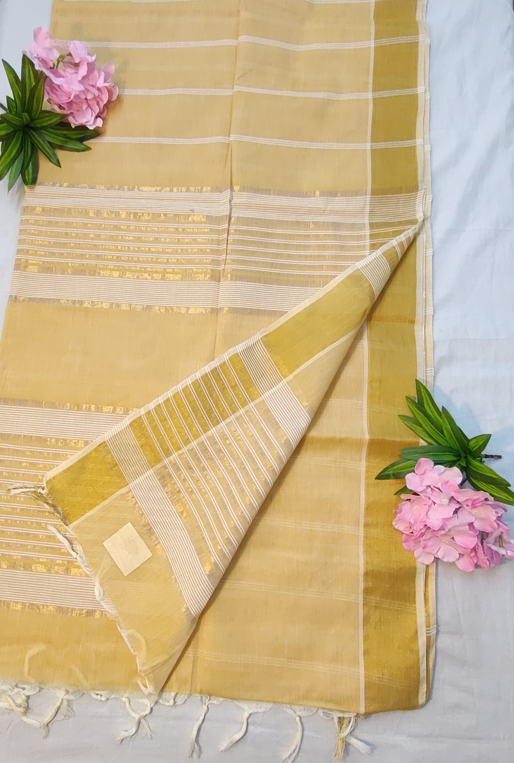Jute Cotton Saree in Soft Mustard with Silver & Gold Striped Pallu