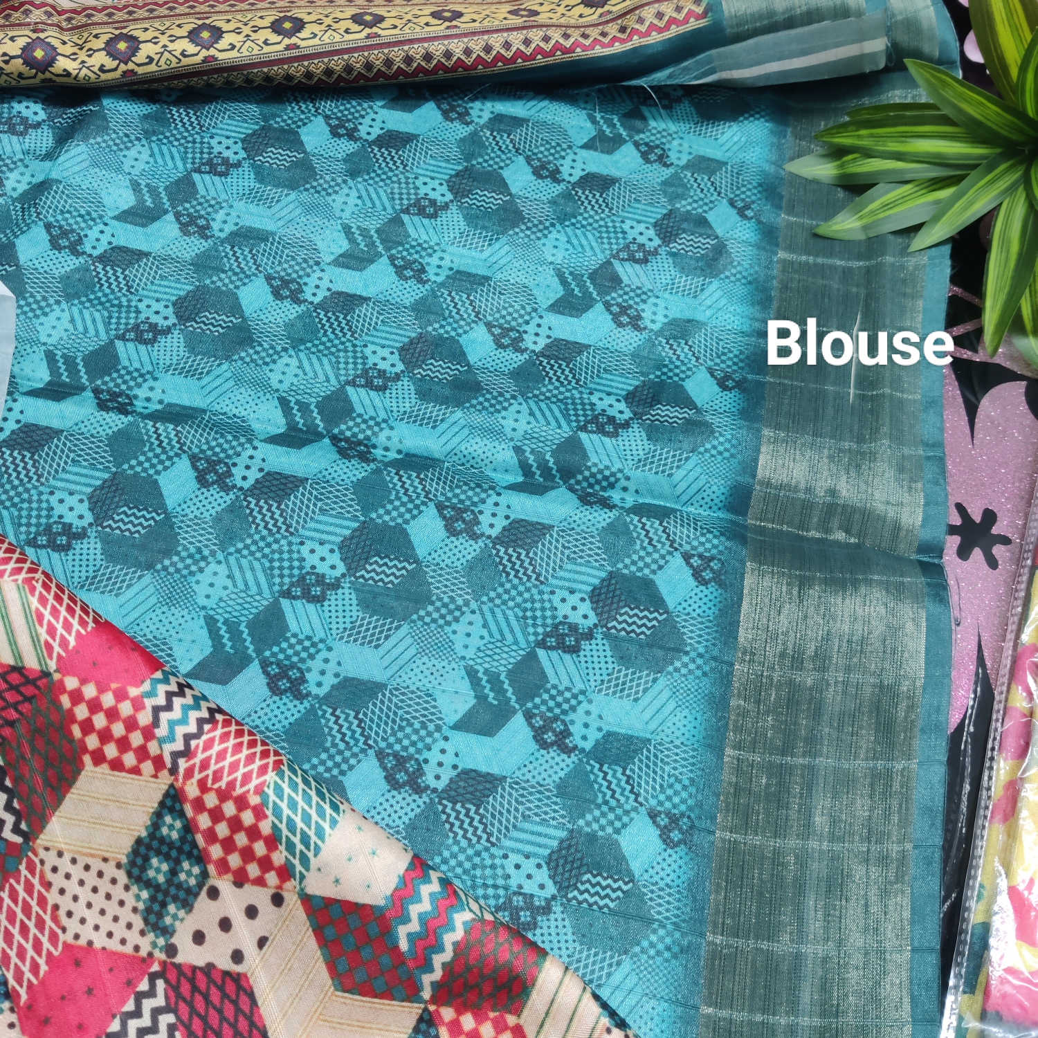 Multicolour Cube Print Kundali Saree with Contrast Teal Border & Matching Blouse