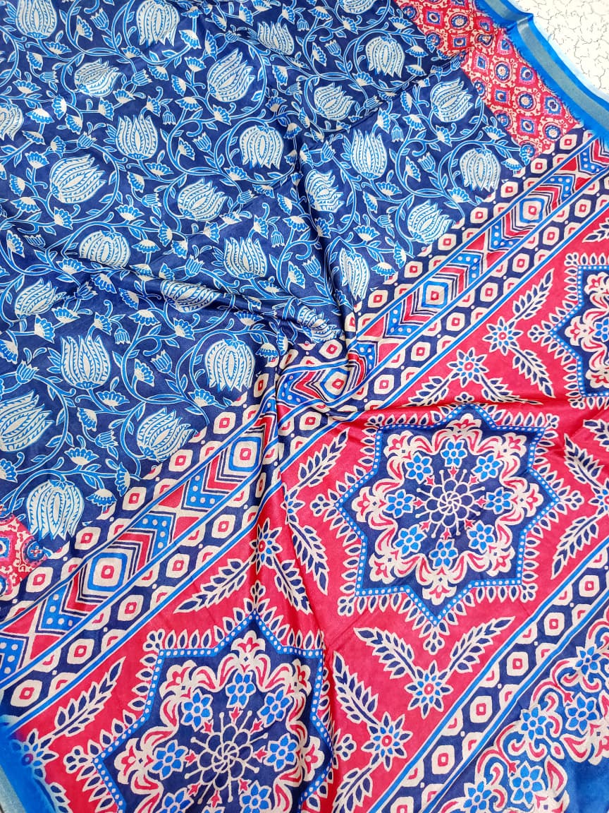 Kokila Silk Printed Saree – Blue Floral Body with Pink Ajrakh Border | With Blouse