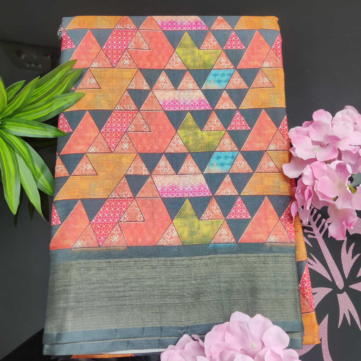 Kundali Dola / Tassar Silk Saree – Multicolor Geometric Pattern with Grey Border