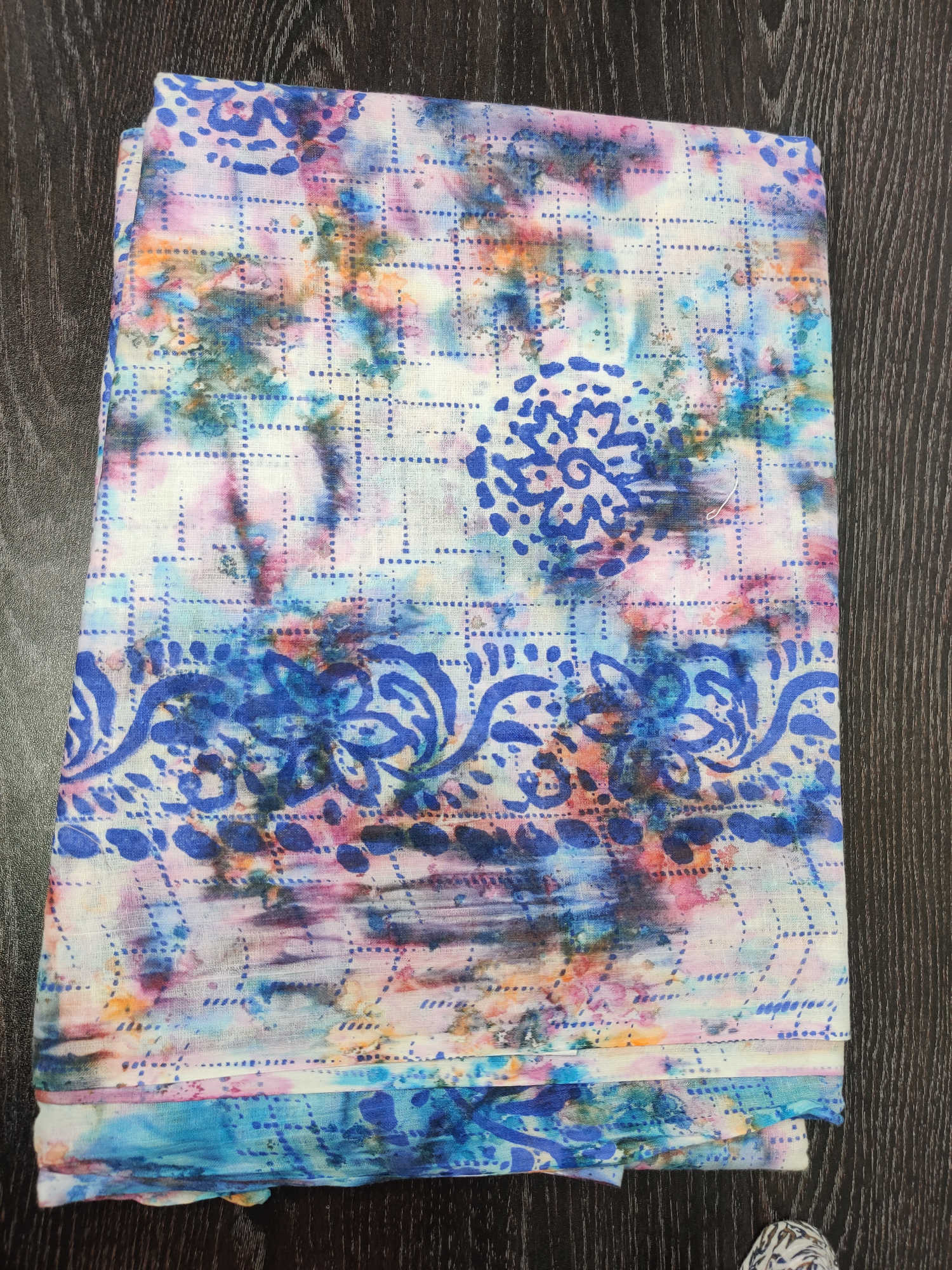 Pure Cotton Multicolour Splash Print Saree with Blue Floral Border