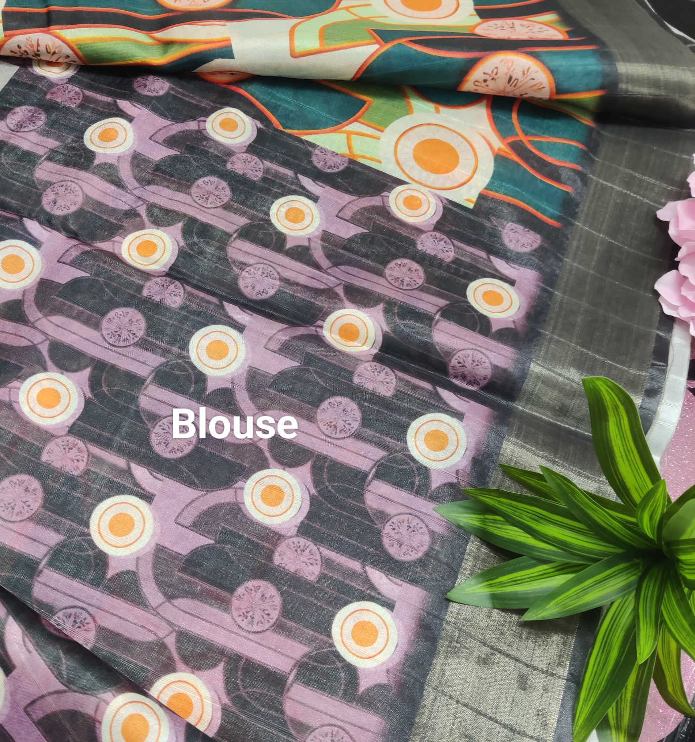 Kundali Dola / Tassar Silk Saree – Abstract Teal & Citrus Motif Elegance