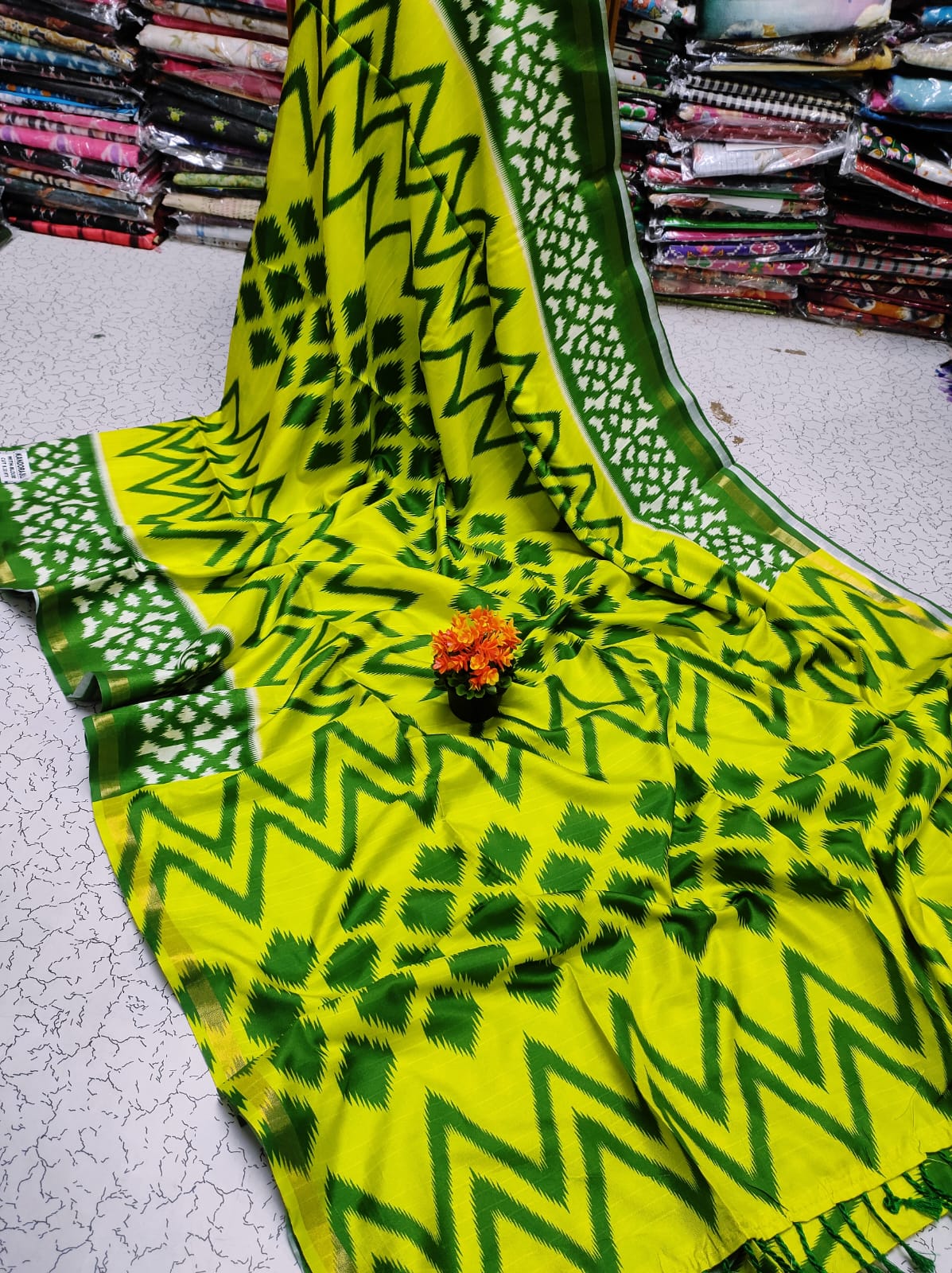 Malai Silk Saree – Lime Green Body with Dark Green Ikkat Print & Contrast Border