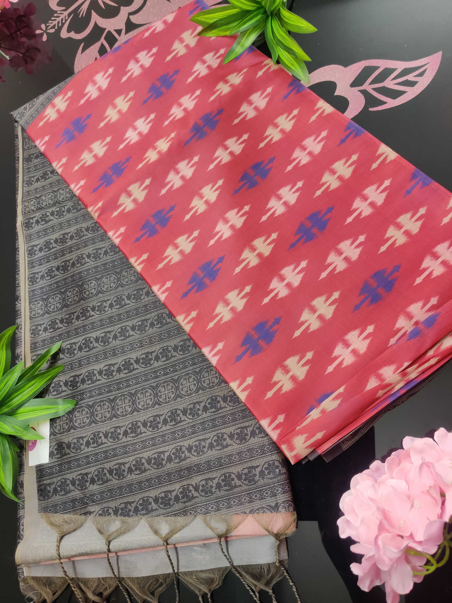 Pink Ikat Motif Semi Tassur Silk Saree with Dual-Tone Grey Woven Border & Matching Blouse