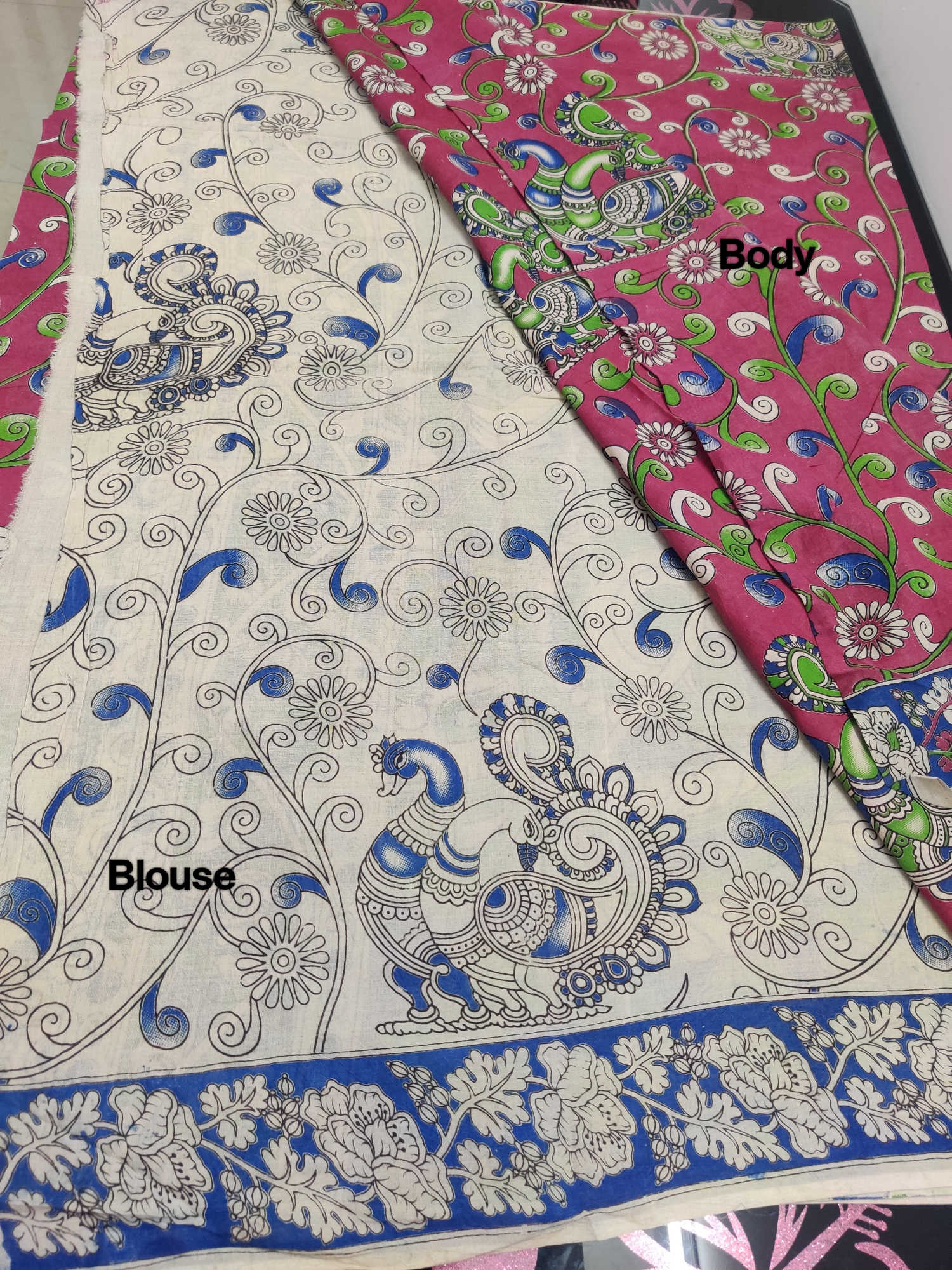 Kalamkari Cotton Saree – Pink Body with Blue–Green Peacock Motifs & Floral Vines | Contrast Blue Kalamkari Blouse