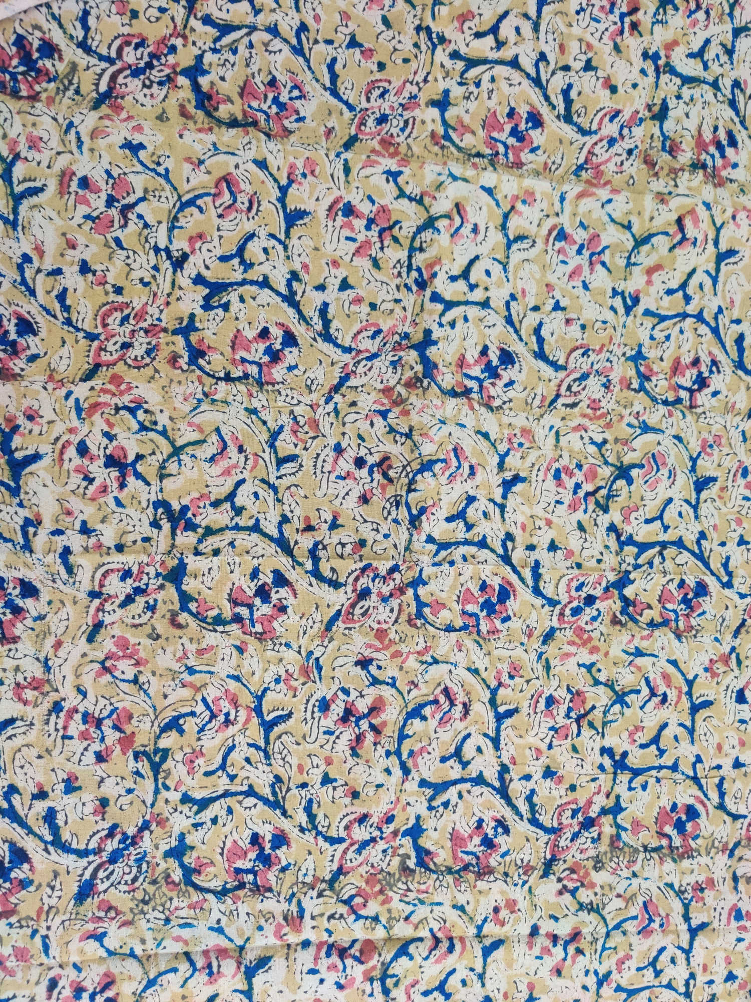 Kalamkari Blouse Fabric – Cream Yellow Base with Intricate Blue & Pink Floral Vines