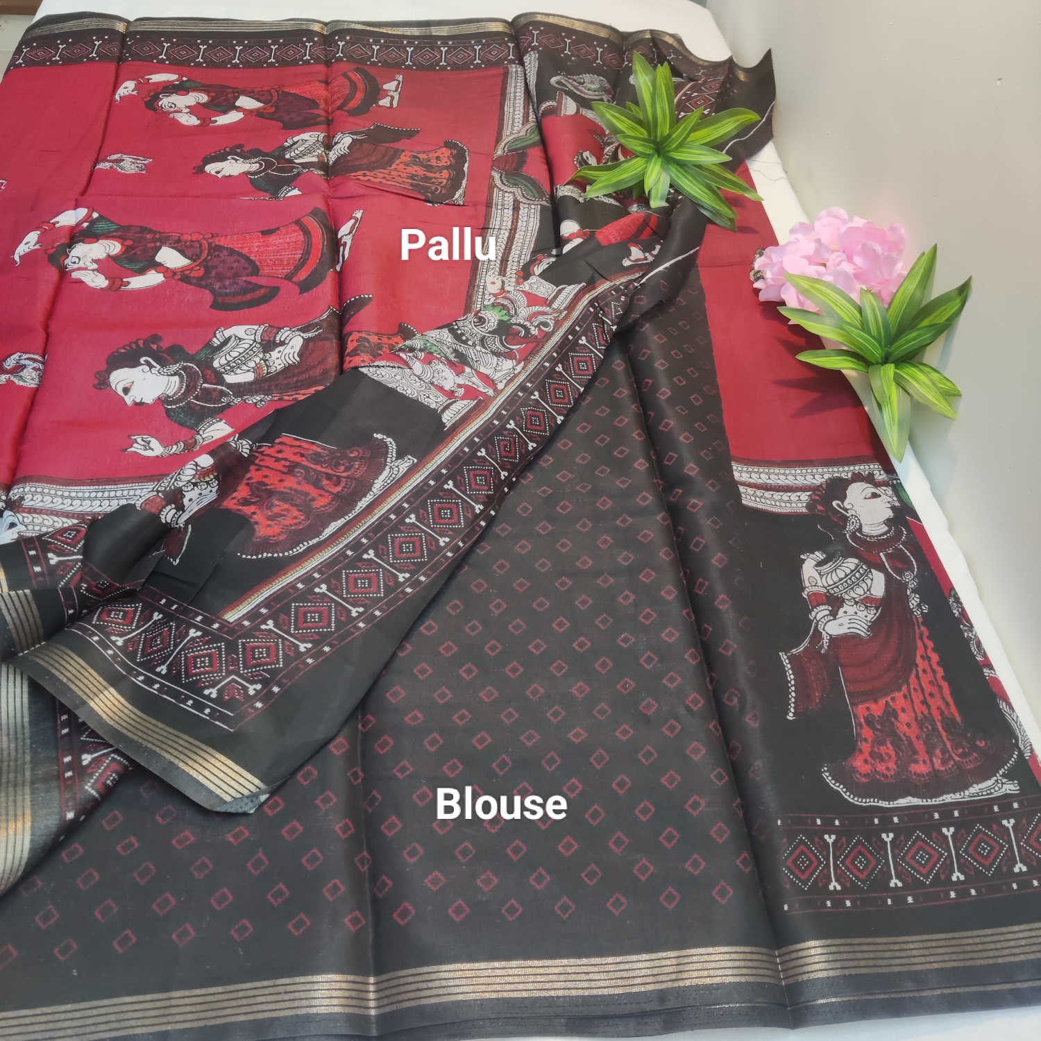Kalamkari Muslin Silk Saree – Elegant Red Body with Dancing Lady Pallu & Black Floral Kalamkari Skirt