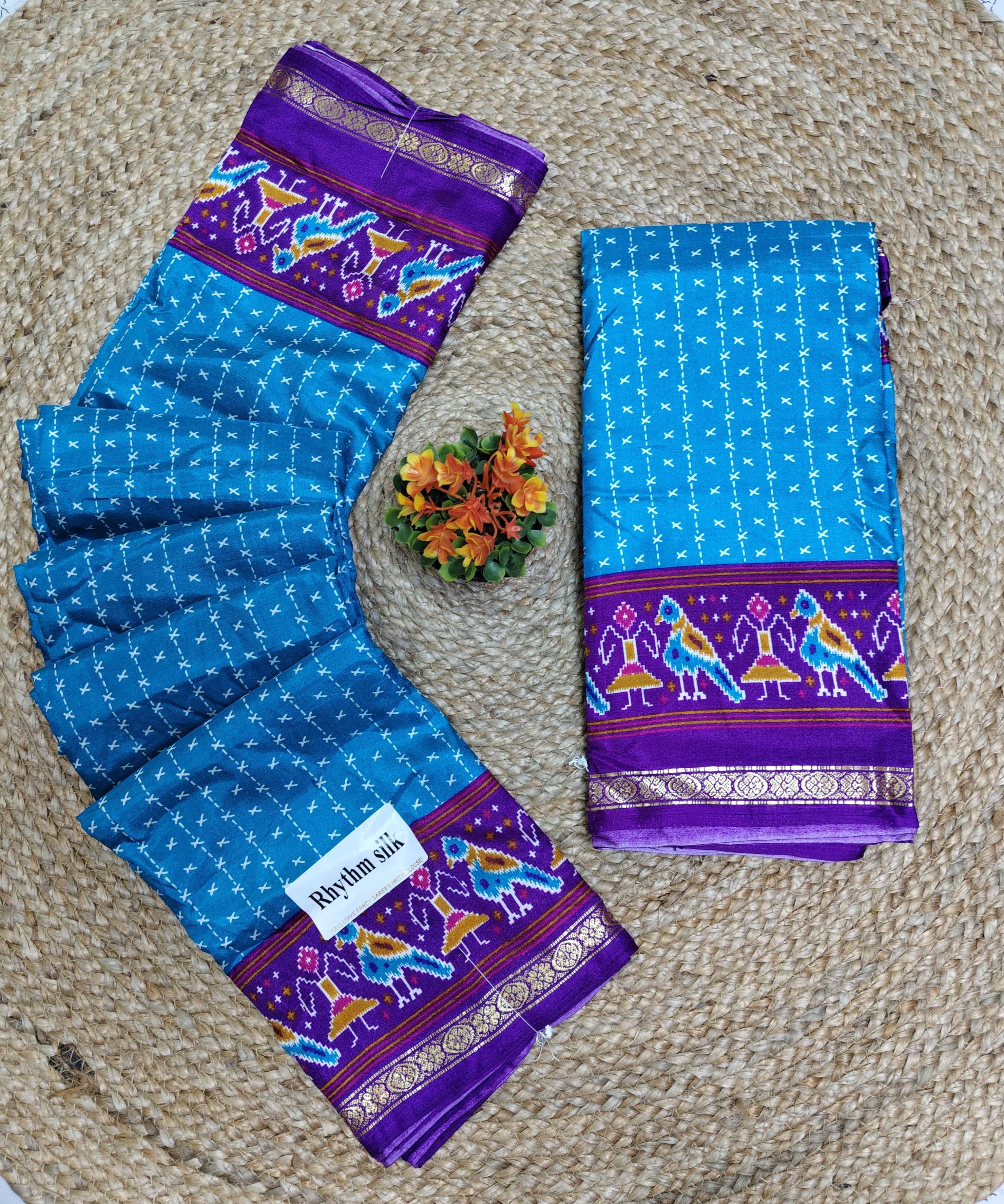 Rhythm Silk Daily Wear Saree – Soft Printed Body with Traditional Ikkat-Style Border | Lightweight Everyday Saree with Blouse