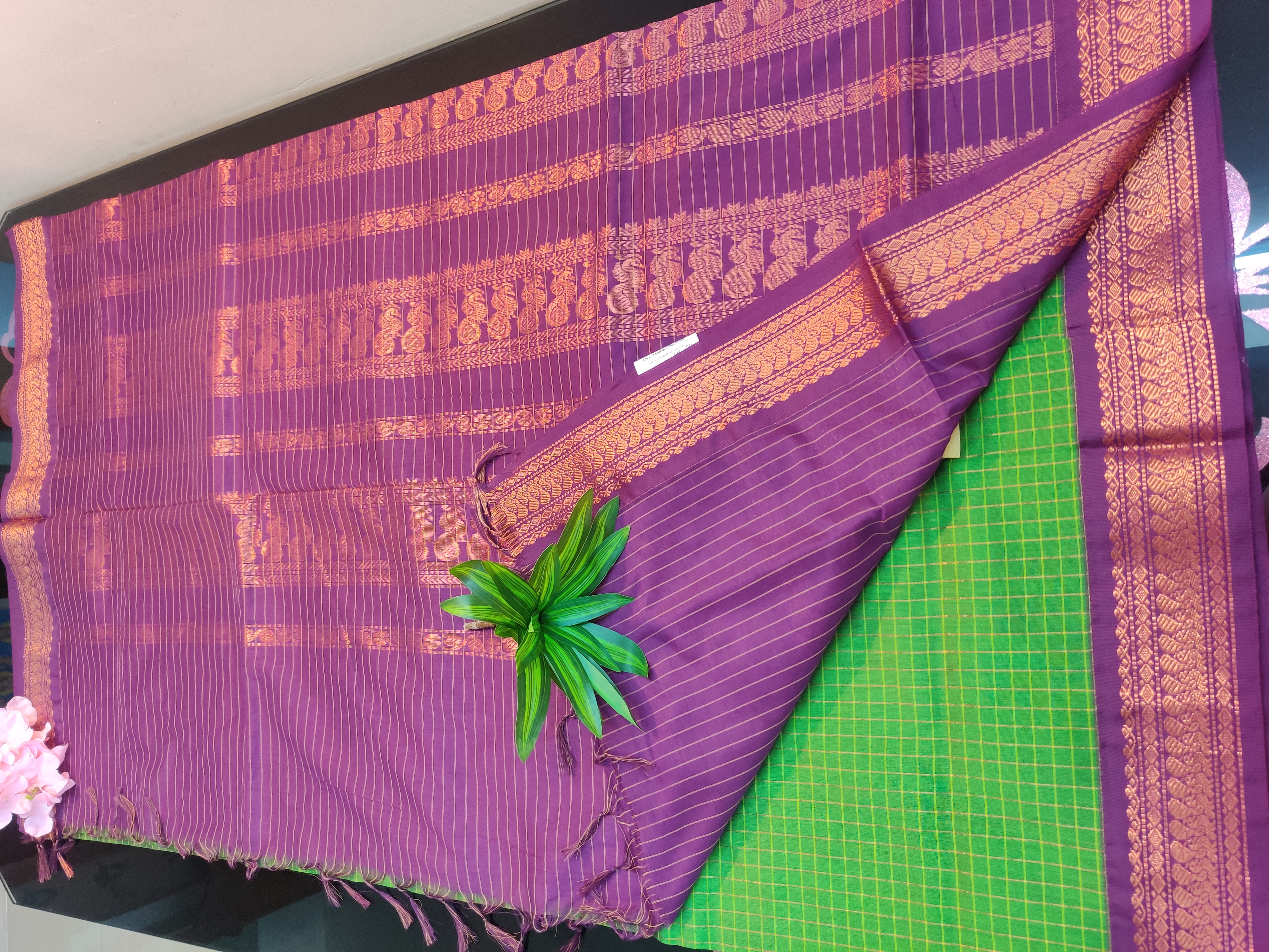 Gadwal Cotton Saree – Emerald Green Checks with Royal Purple Zari Border & Contrast Pallu
