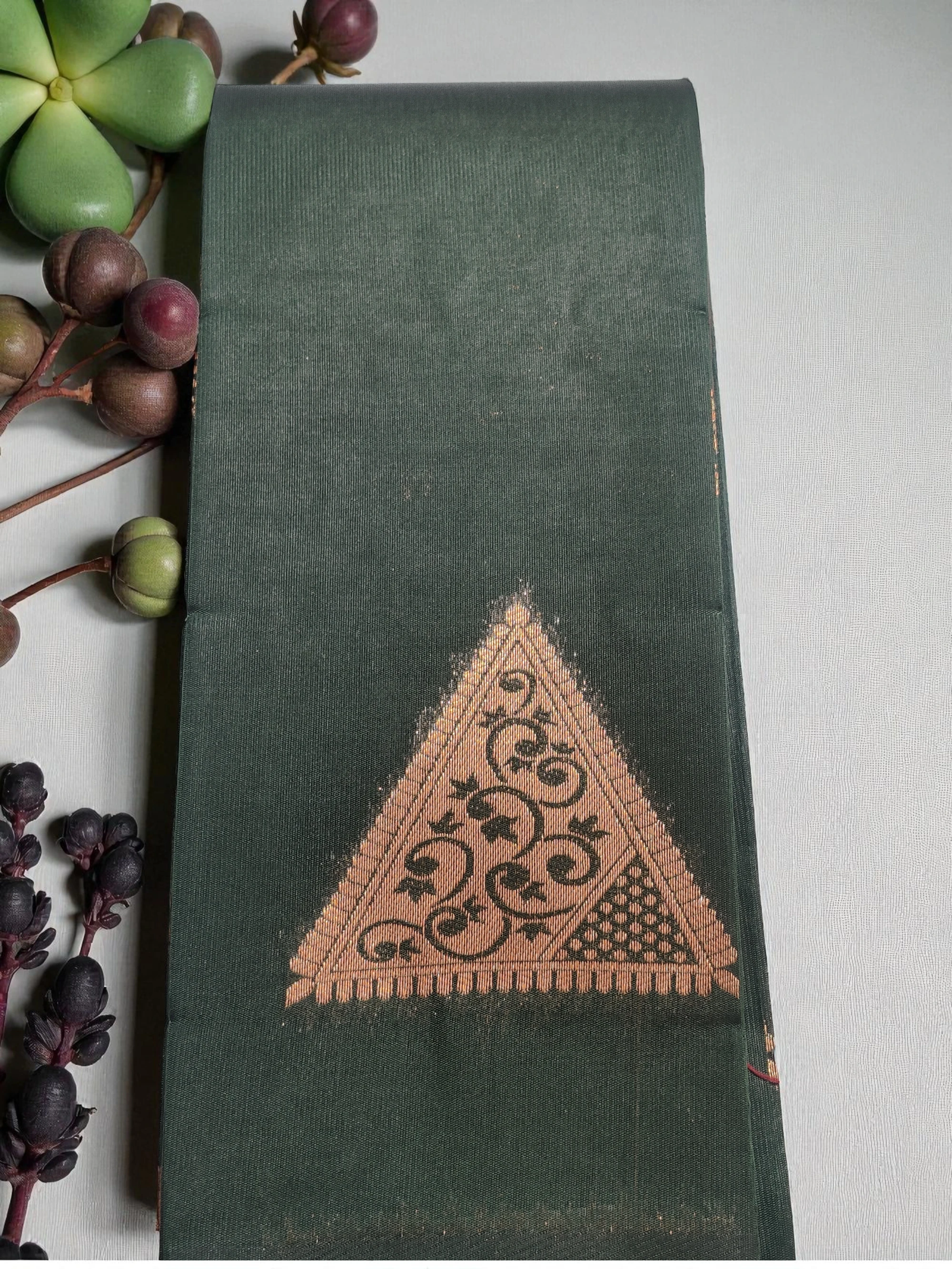 Bottle Green & Maroon Semi Soft Silk Saree with Copper Zari Detailing