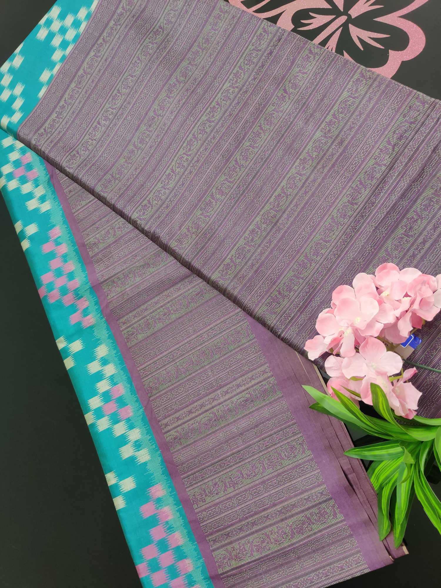 Teal Ikat Weave Semi Tassur Silk Saree with Contrast Purple Big Border & Matching Blouse