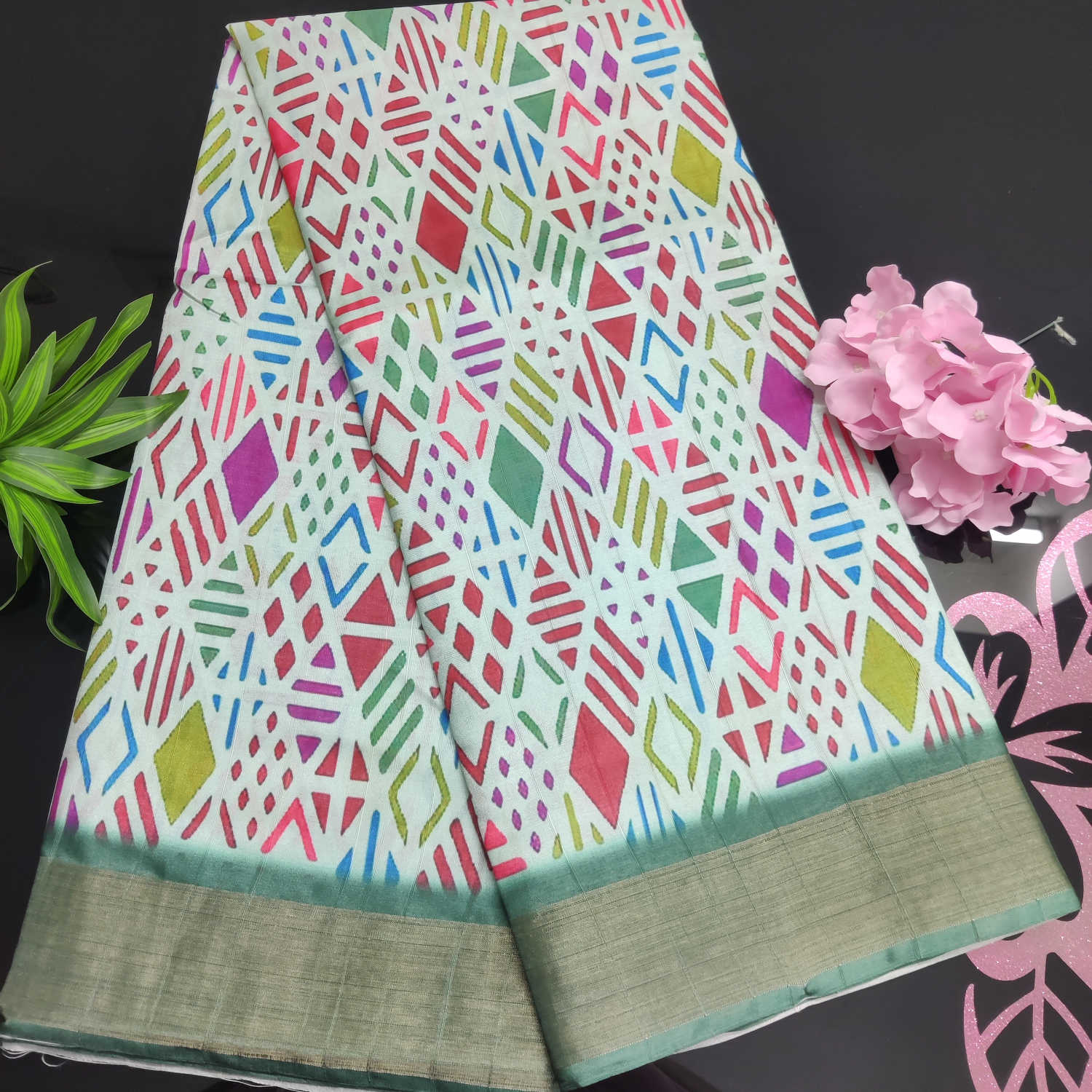 Premium Kundali Print Semi Silk Saree – Multicolor Geometric Design