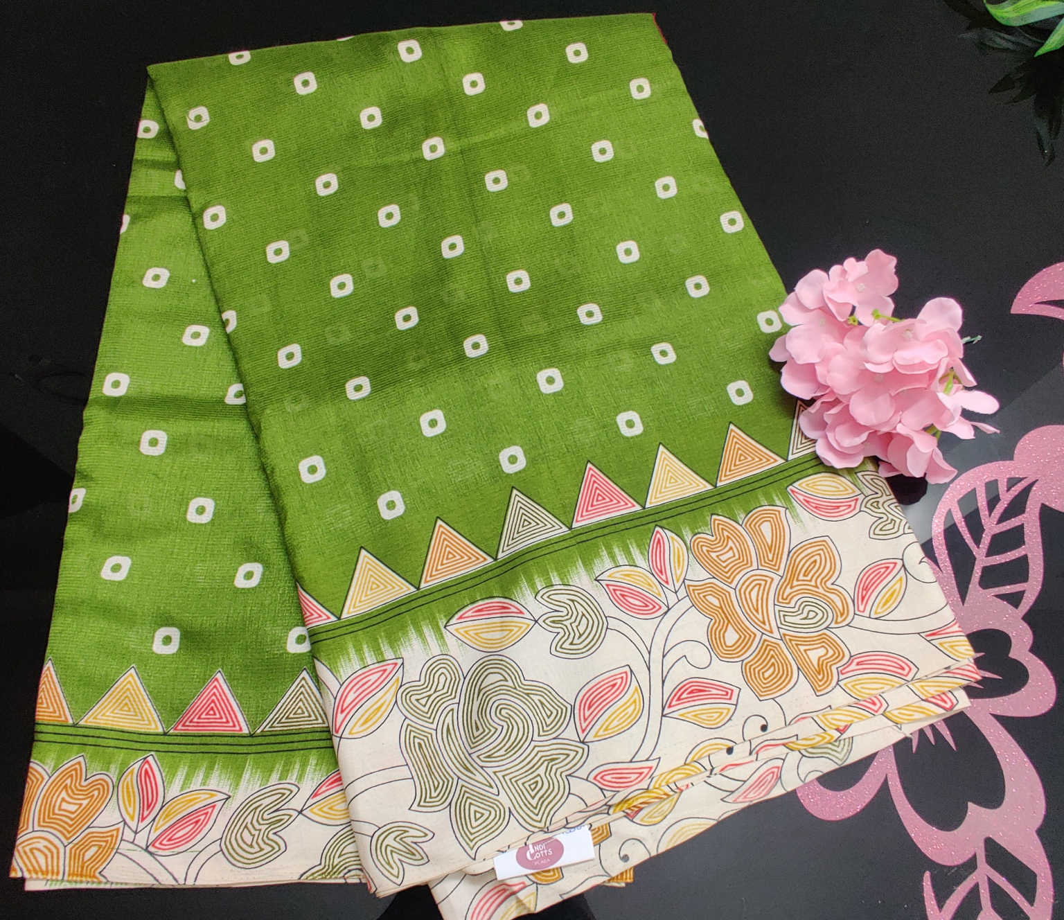 Daily Wear Fancy Saree – Green Polka Dot Body with Artistic Floral & Peacock Inspired Border