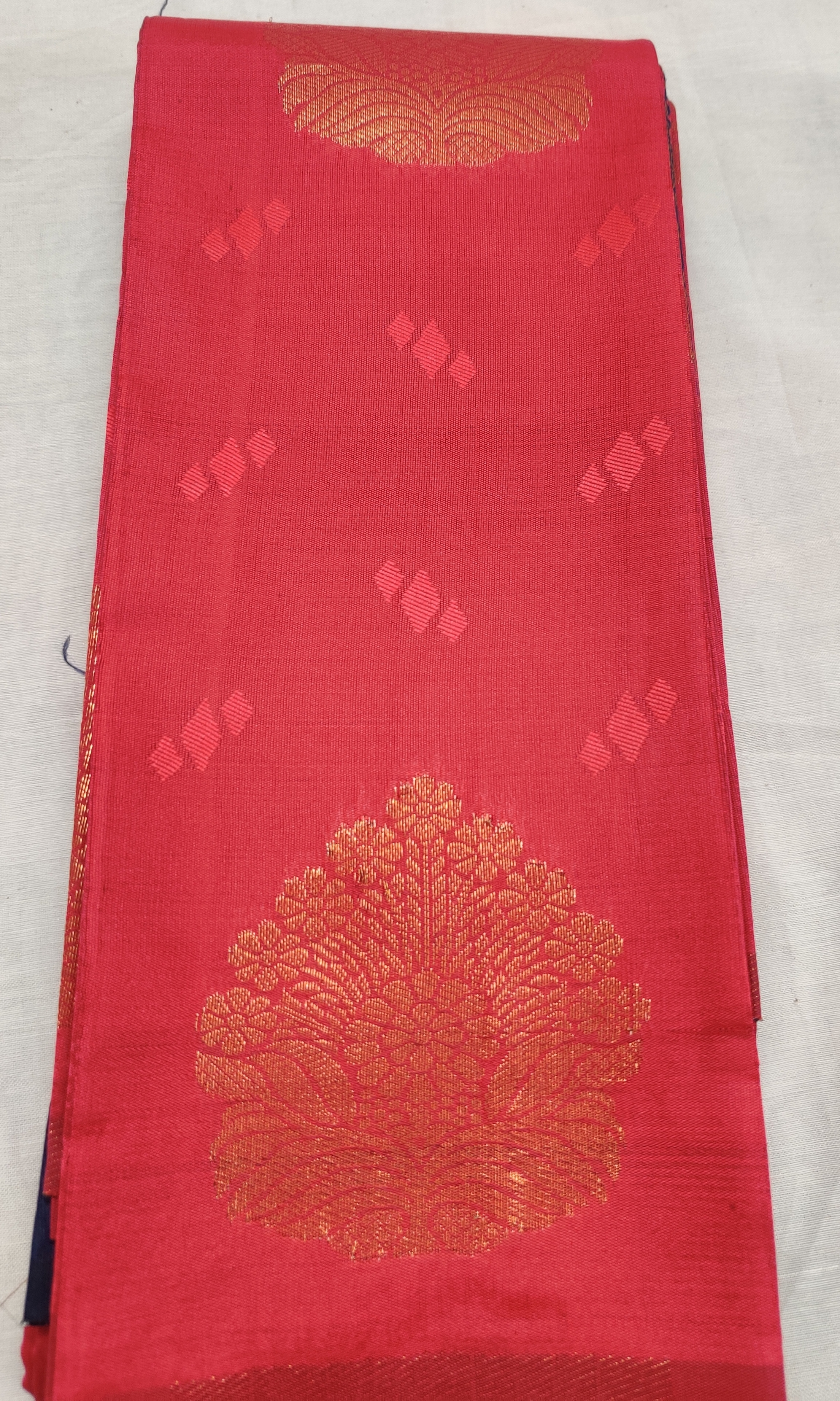 Red Semi Soft Silk Saree with Blue Copper Zari Pallu