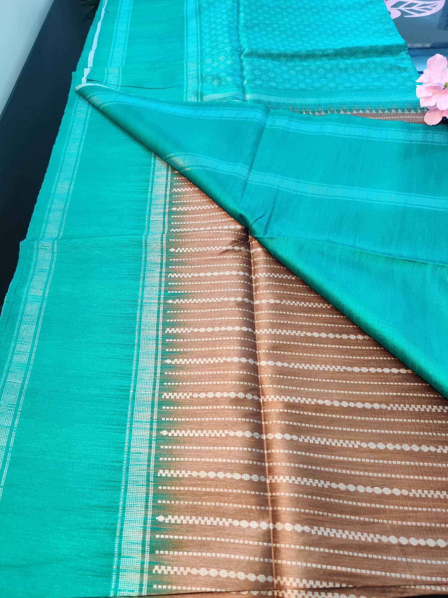 Daily Wear Fancy Saree – Teal Blue Body with Brown Striped Contrast Pallu & Subtle Woven Border