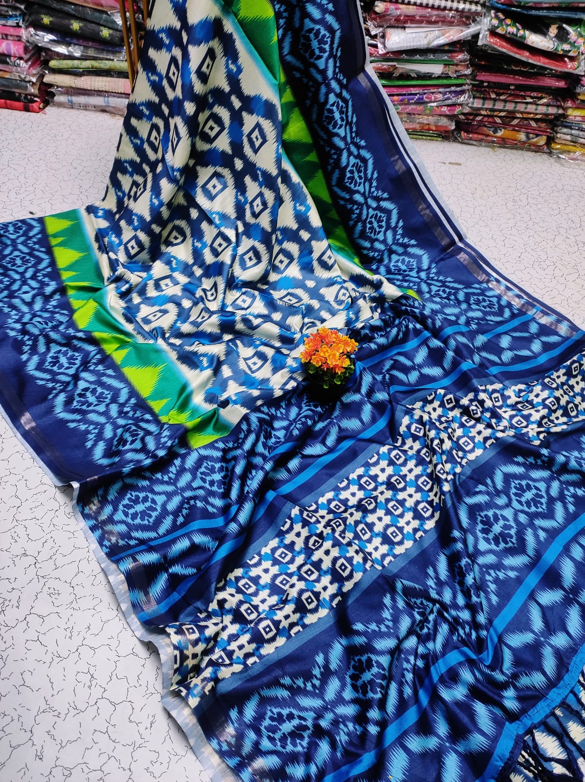 Malai Silk Saree – Royal Blue & Ivory Ikkat Body with Green Contrast Border