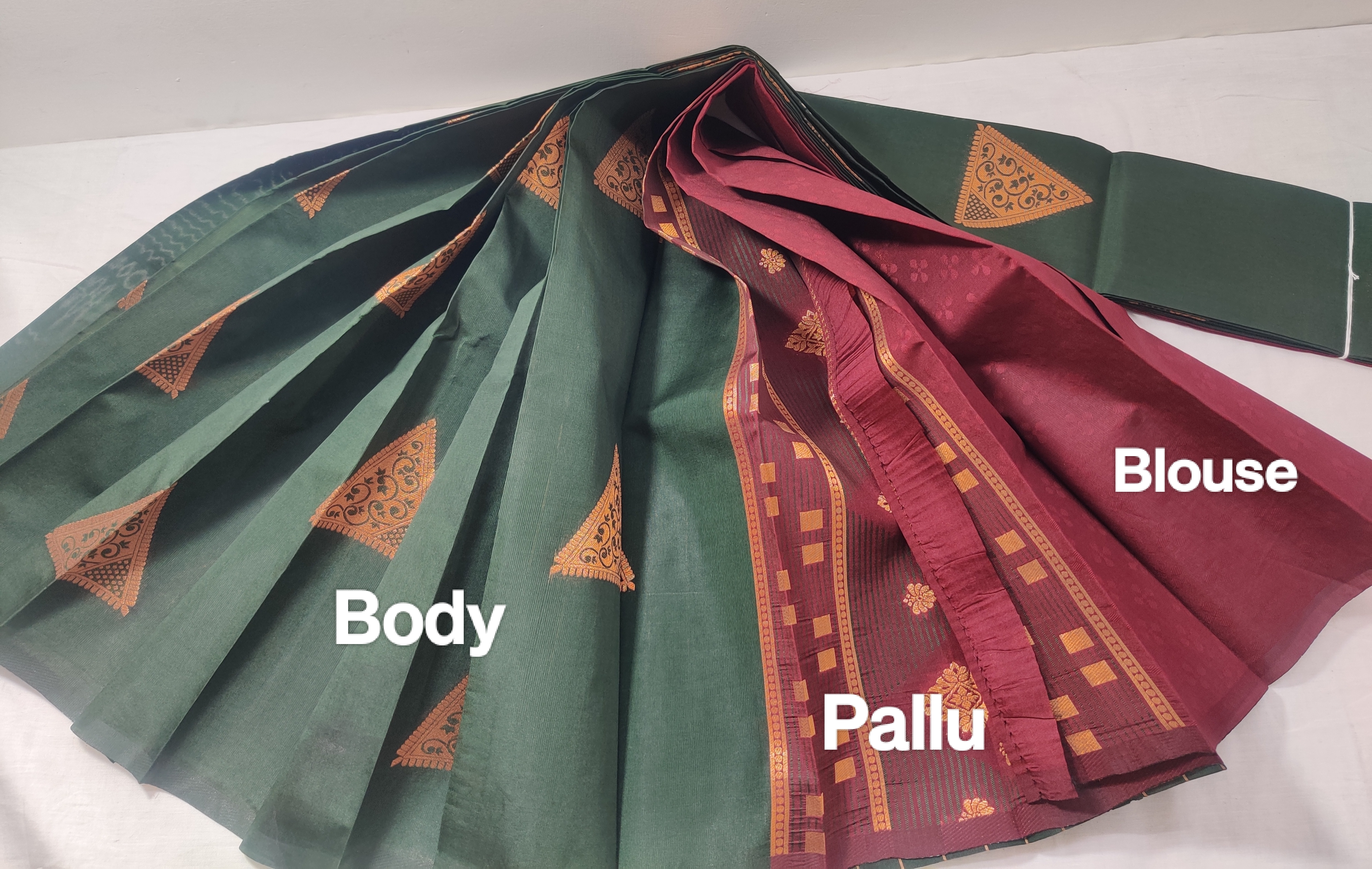 Bottle Green & Maroon Semi Soft Silk Saree with Copper Zari Detailing